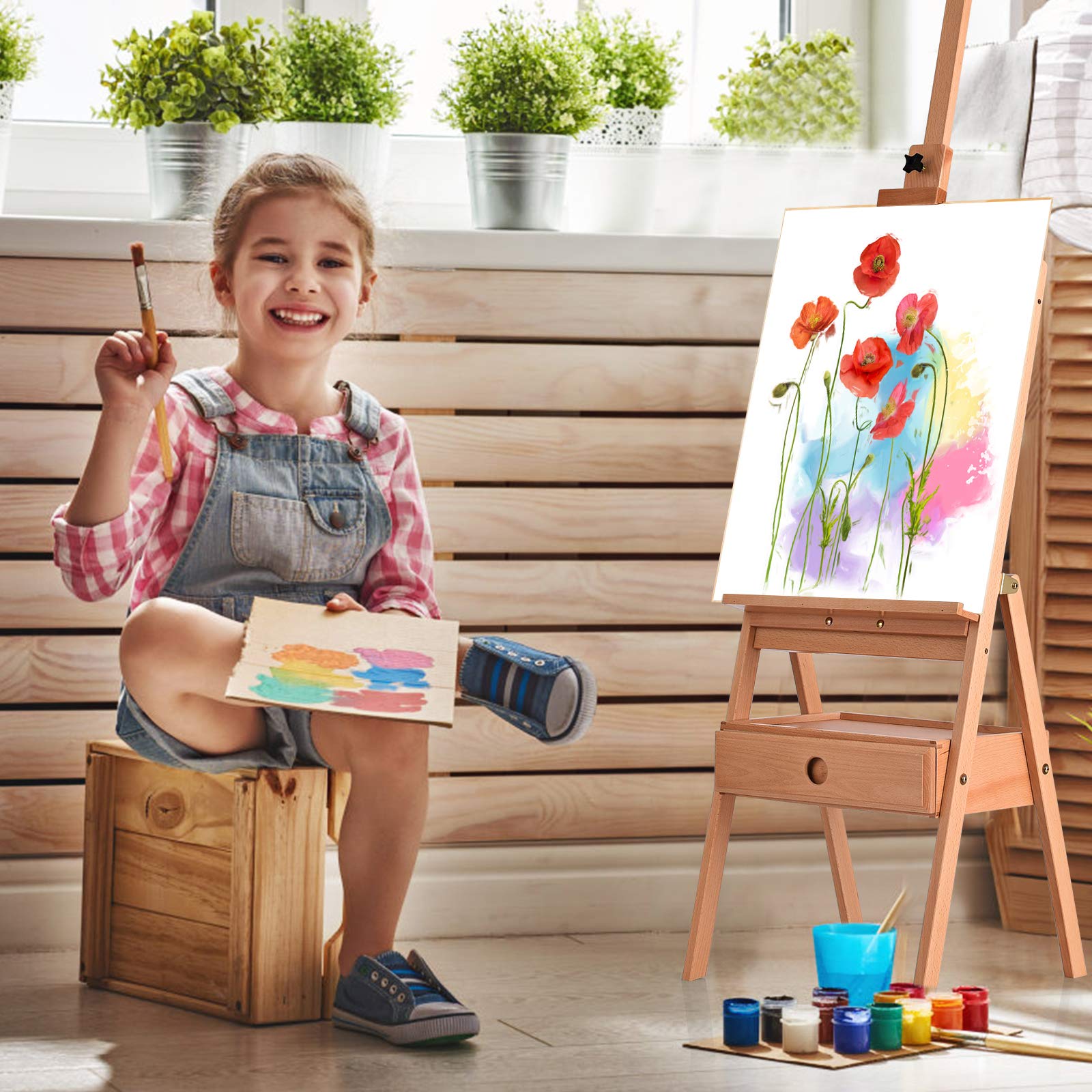 GOPLUS Caballete de madera de haya con 1 cajón, ajustable en altura hasta 193,5 m, trípode de pintura portátil con botón de tela ajustable para pintura al óleo, croqué, gúpero, natural