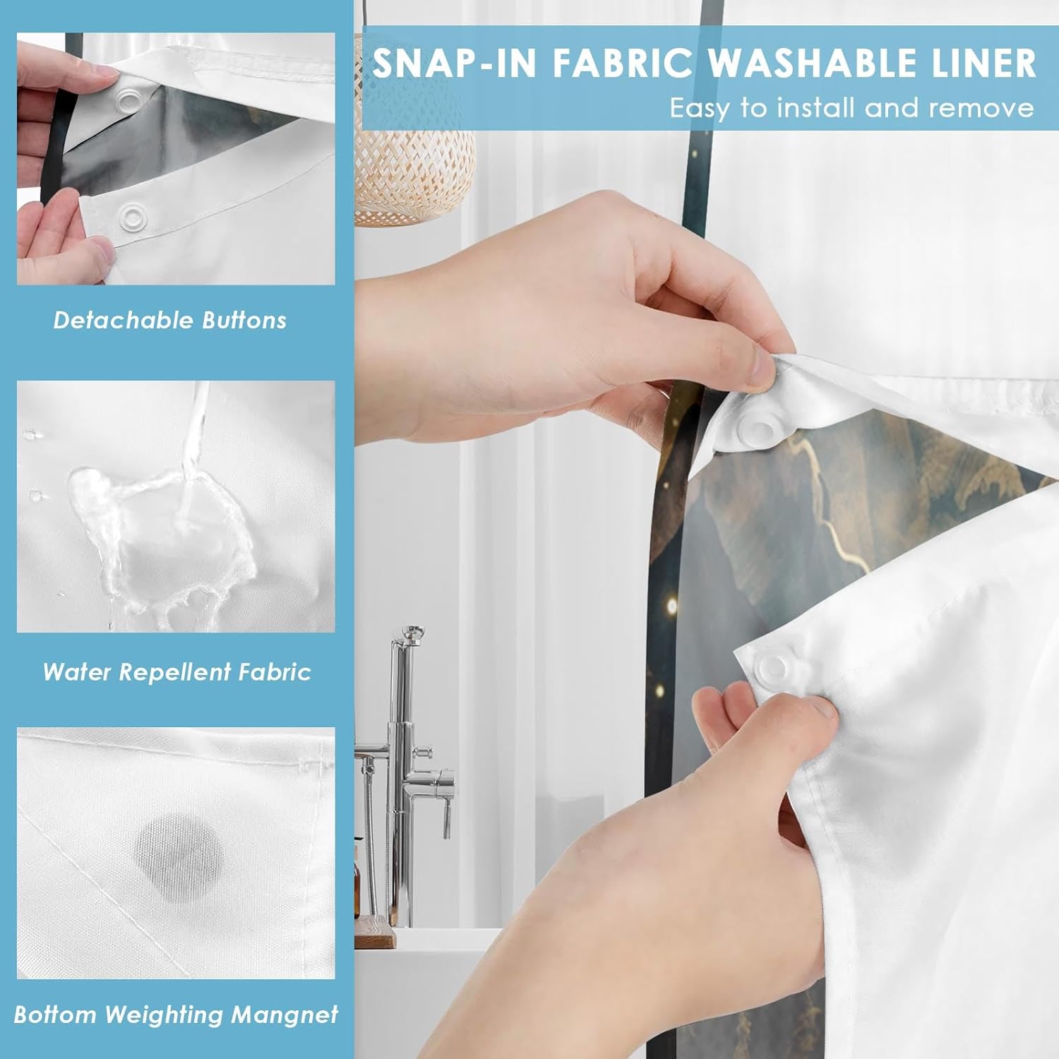 No Hook Landscape Mountains Shower Curtain with Snap in Fabric Liner, Stars Moon Nature Double Layers Waterproof Fabric with See Through Top Window Open Grommet Bath Curtain 71x74 Inch