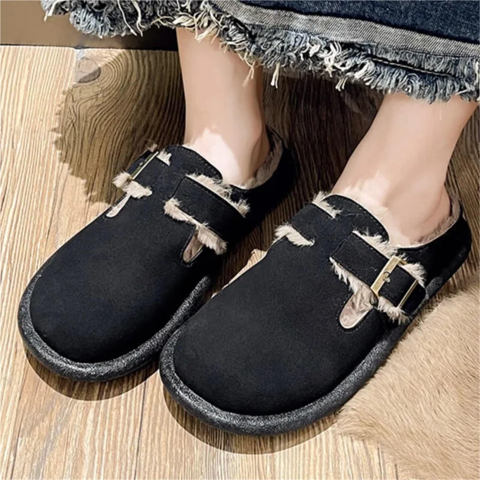 Zuecos Zapatillas for Mujer Plantilla De Goma Invierno Felpa con Soporte for El Arco Zapatos Peludos for Hogar Acogedores