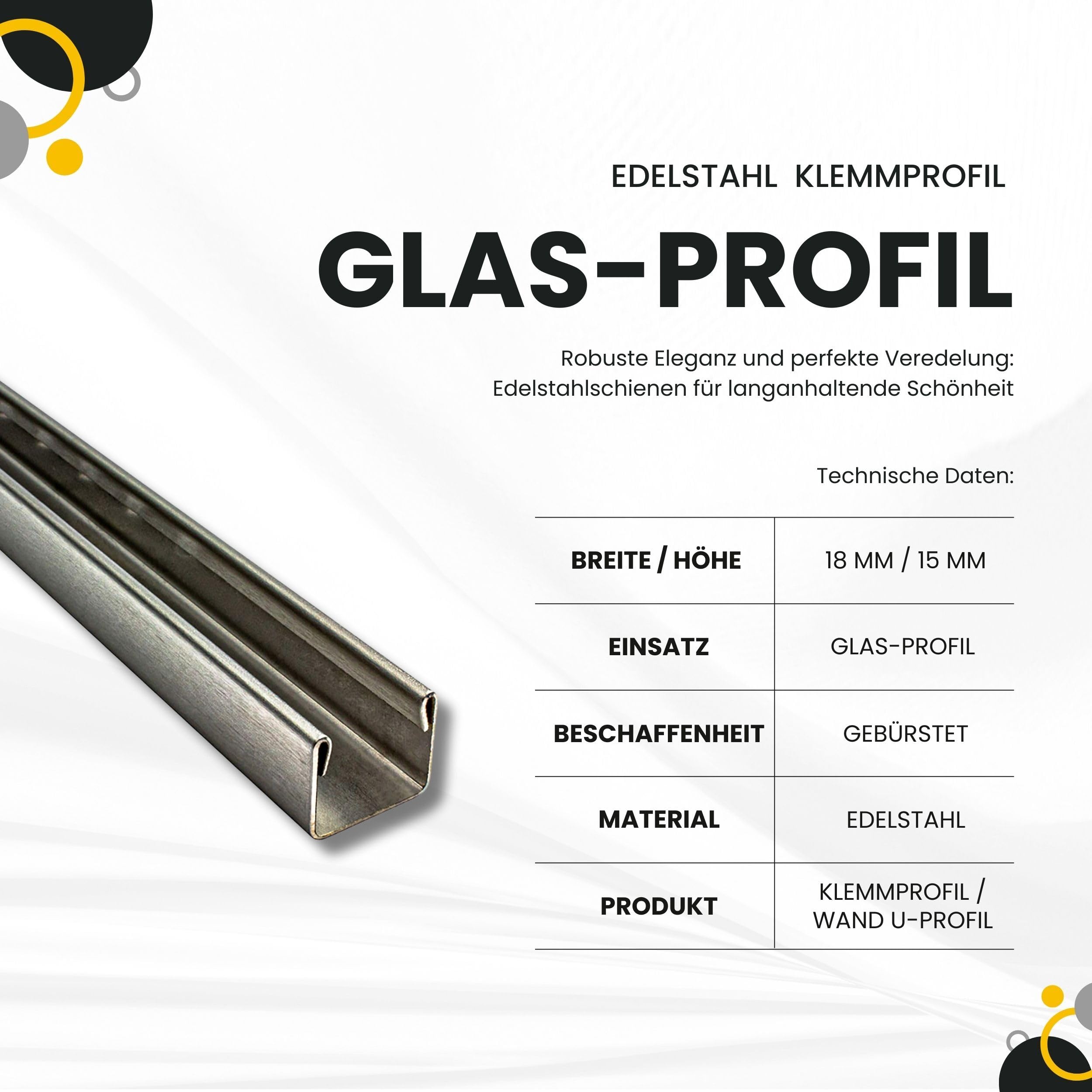 Glas-Profil Edelstahl Klemmprofil Wandprofil U-Profil V2A 2,5m 12,5mm gebürstet