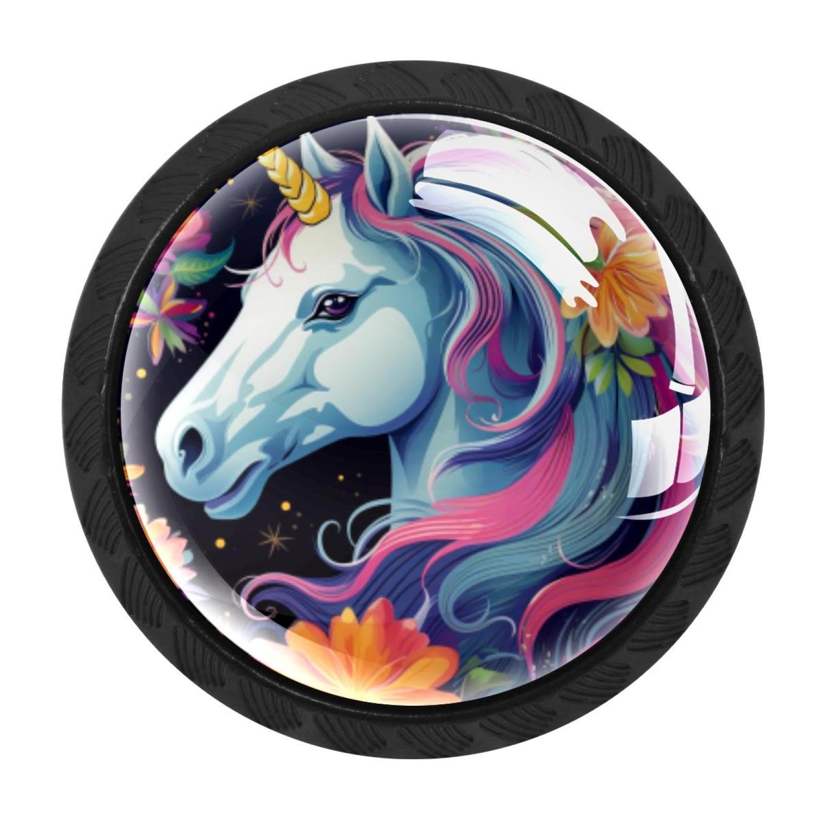 CHENZZZZ 4 Pieces Unicorn Drawer Knobs, 35mm Black Kitchen Cabinet Knobs, Drawer Pulls and Knobs, Glass Cabinet Hardware Single Hole Knob for Cabinets and Drawers Round
