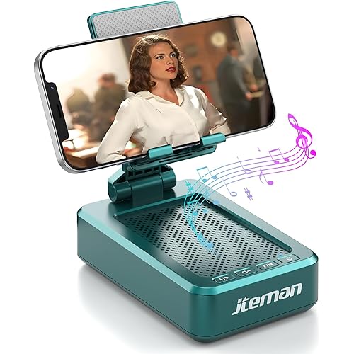 JTEMAN Cell Phone Stand with Wireless Bluetooth Speakers,Angle Adjustable Strong Pedestal Phone Stand for Desk,HD Sound and Bass Bluetooth Speaker Compatible with All Mobile Phones(Green)