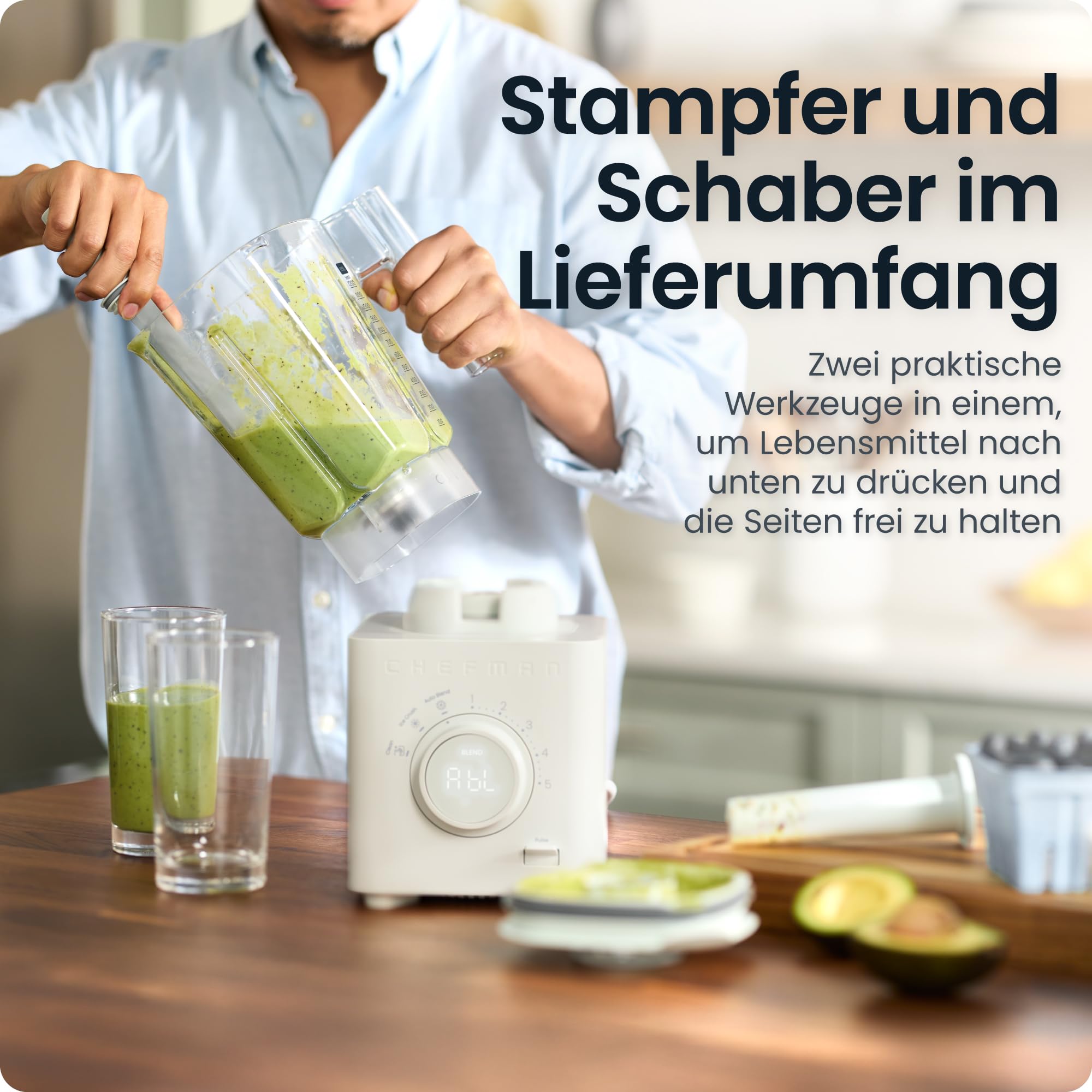 Chefman Obliterator Standmixer 1,2L 1350W, zerkleinert Eis & Früchte | für Smoothies, Edelstahlklinge, Auto-Blend, inkl. 600ml Reisebehälter, Betongrau