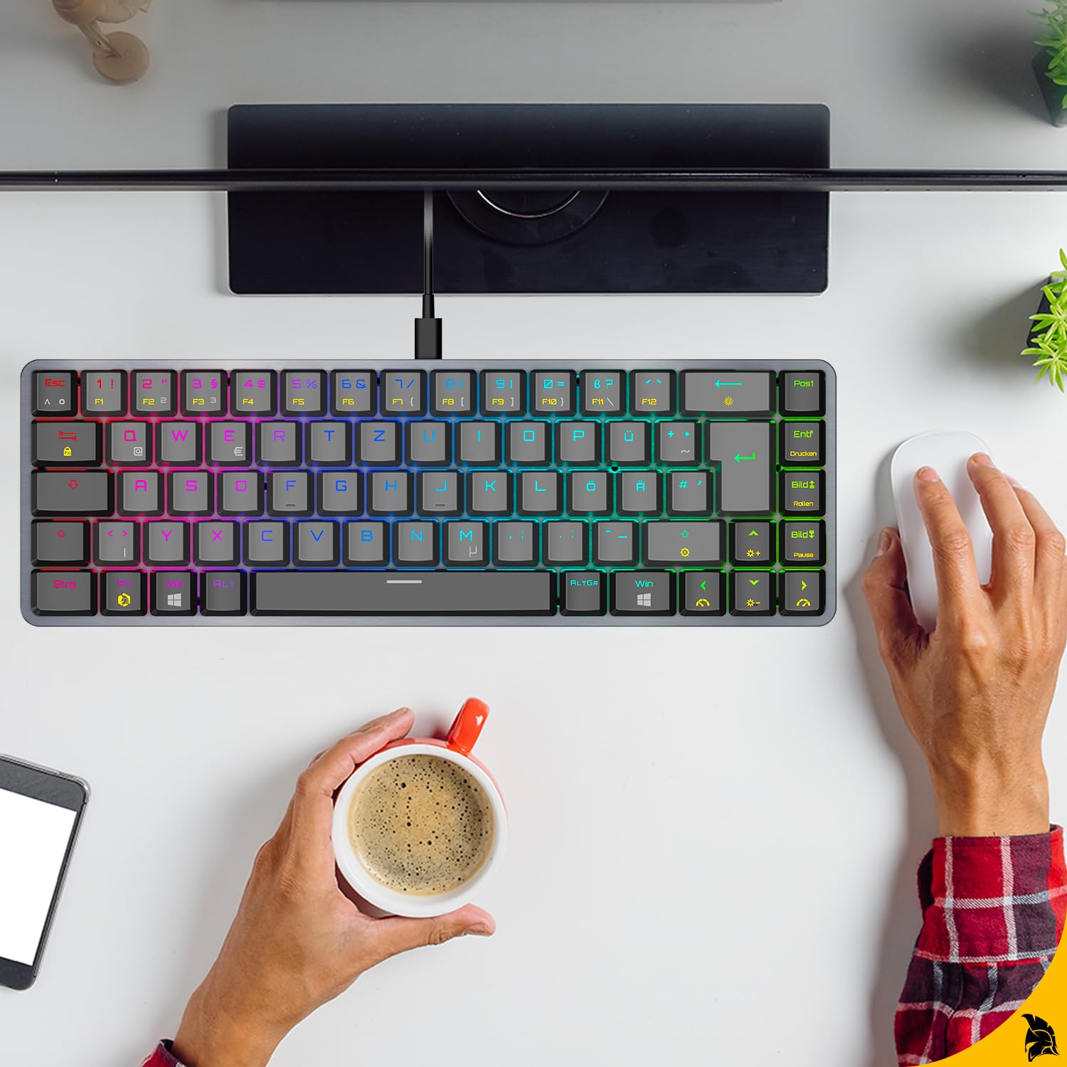 EMPIRE GAMING K241 - Smukła, niskoprofilowa aluminiowa kompaktowa mechaniczna klawiatura gamingowa DE (QWERTZ), przewodowa odłączana USB-C 69 klawiszy MX Red, RGB 24 efekty, NKRO, kompatybilna z PC/P5