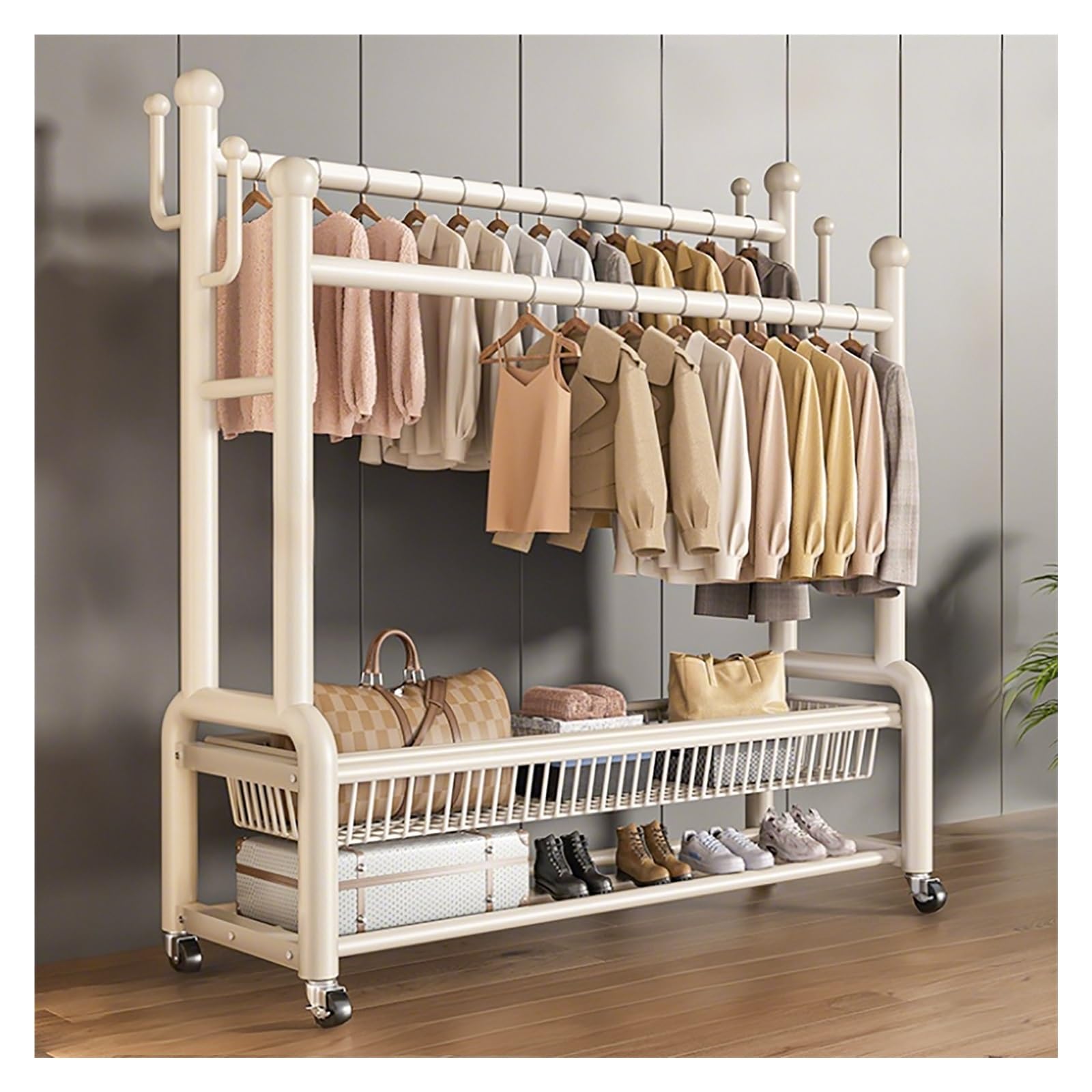 Appendiabiti doppio con ruote, appendiabiti con ripiani, 150 cm, per ingresso, corridoio, camera da letto e ingresso