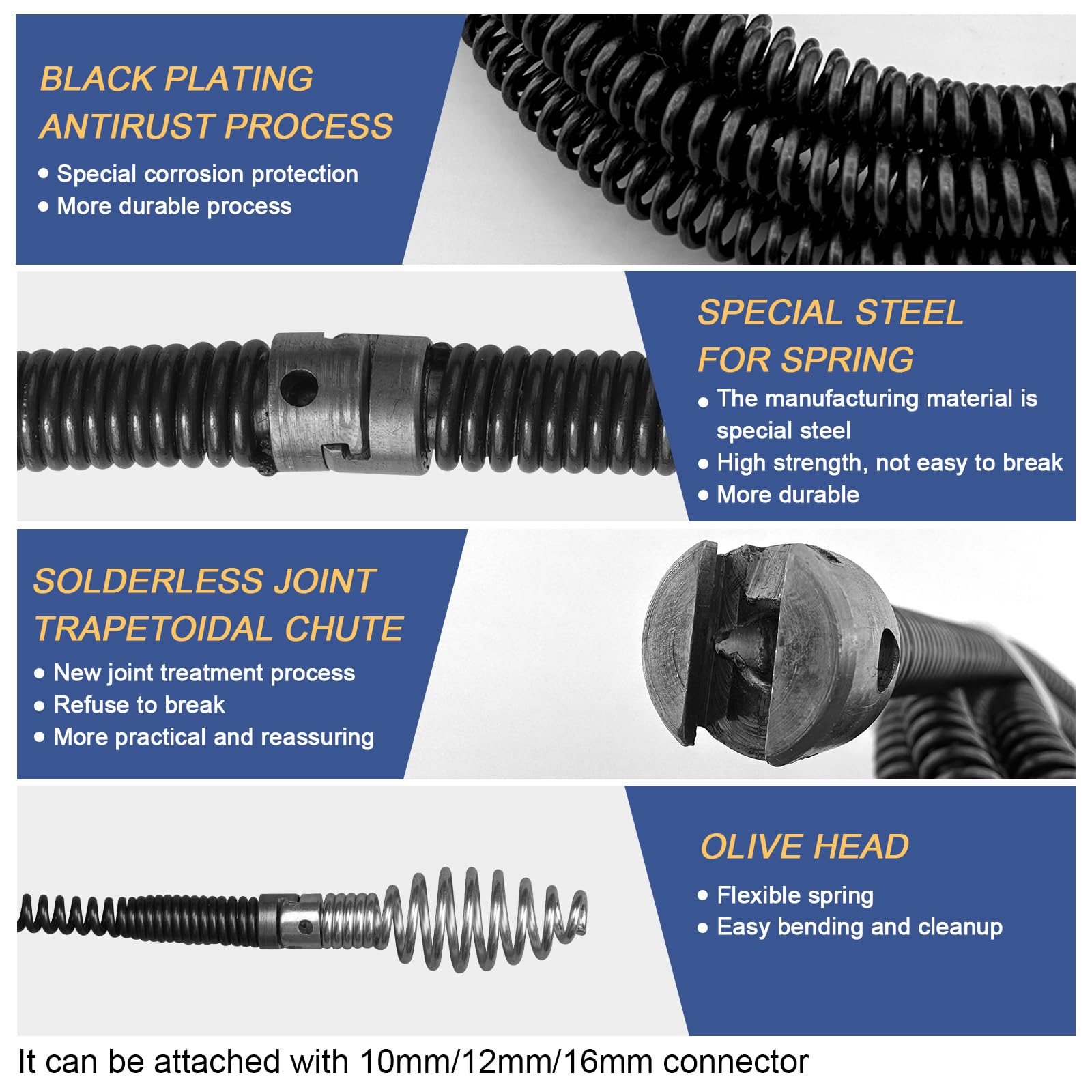 Sonda Sturatubi 5 metri di spirale, diametro 12 mm, con 6 pezzi di testa di taglio per la pulizia dei tubi e 1 adattatore manuale e 1 adattatore elettrico, Sonda Stura Lavandini e Scarichi in acciaio