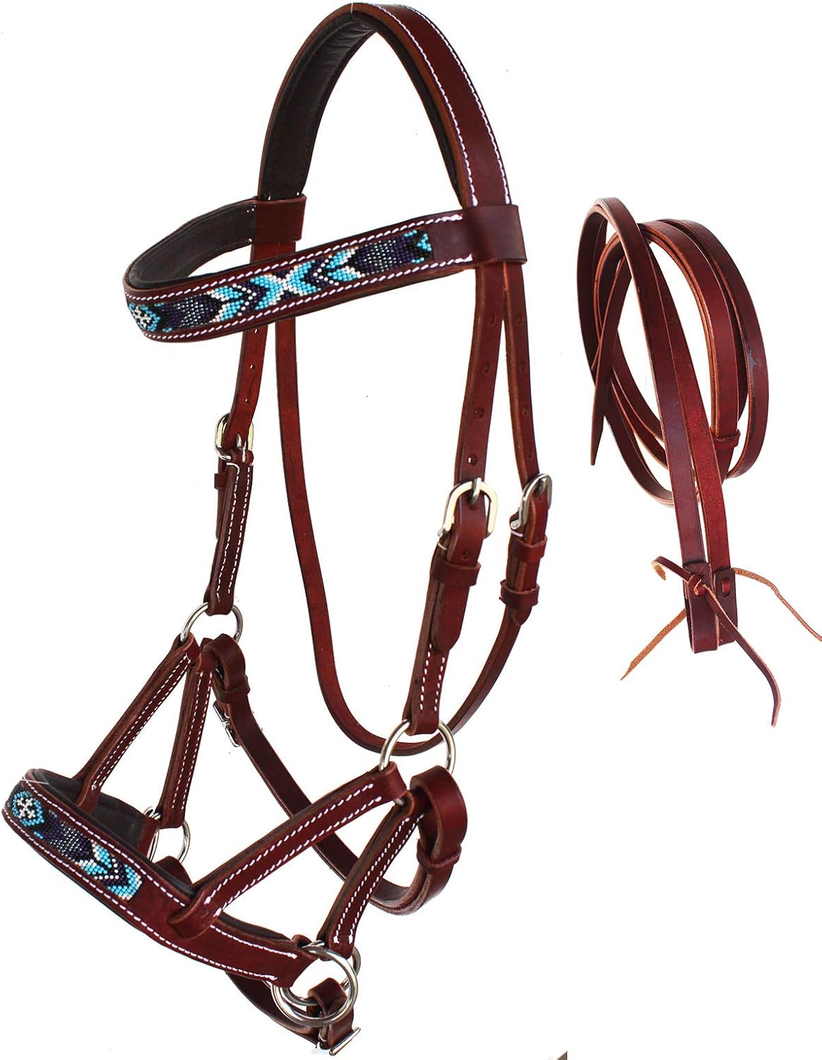 CHALLENGER Horse Western Leather Beaded Bitless Sidepull Bridle Reins 77RS18MG-F