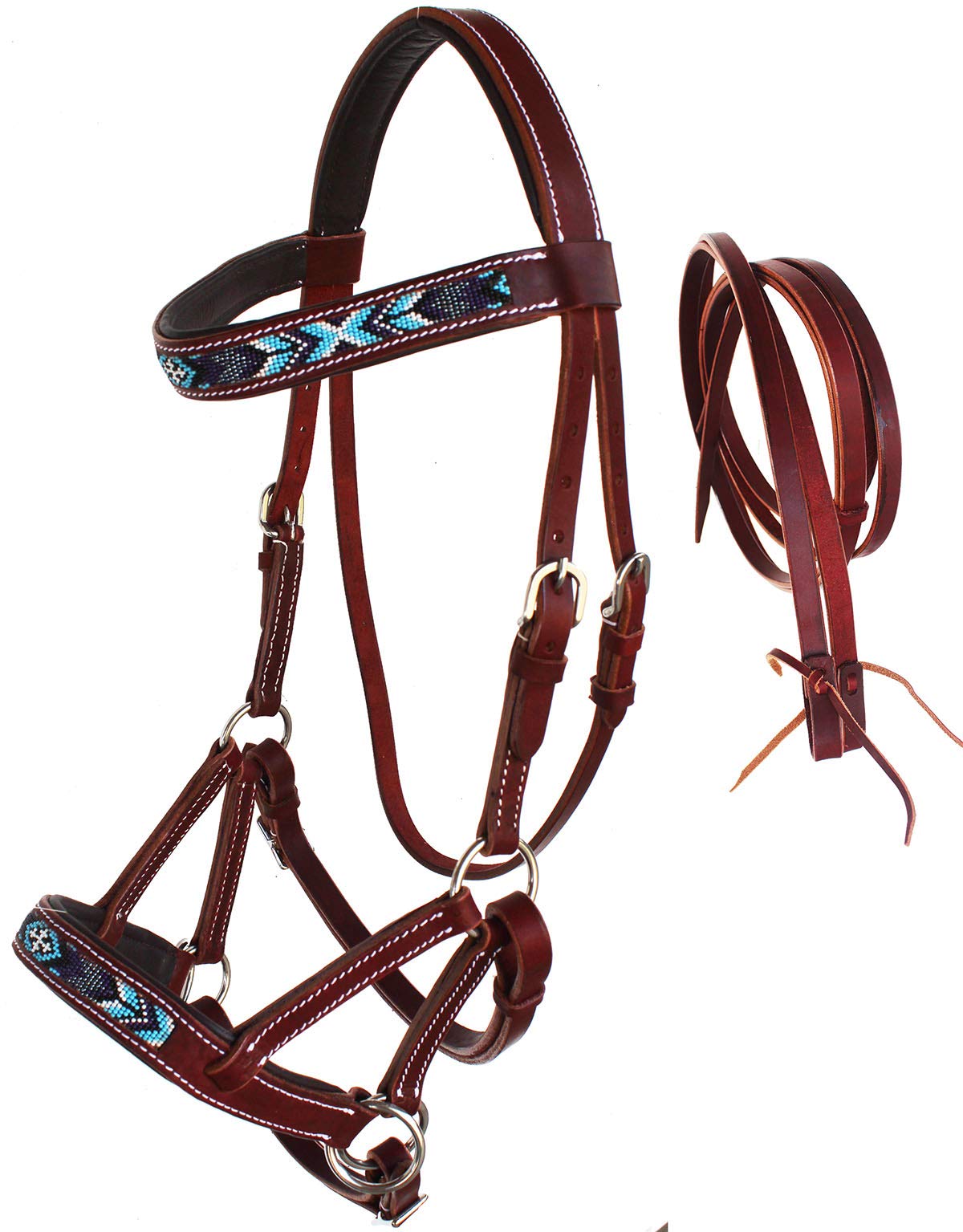 CHALLENGER Horse Western Leather Beaded Bitless Sidepull Bridle Reins 77RS18MG-F