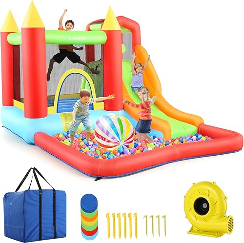 Casa inflable para niños, casa inflable con soplador de aire, castillo animoso con tobogán, piscina, pared de escalada, área de rebote, piscina de
