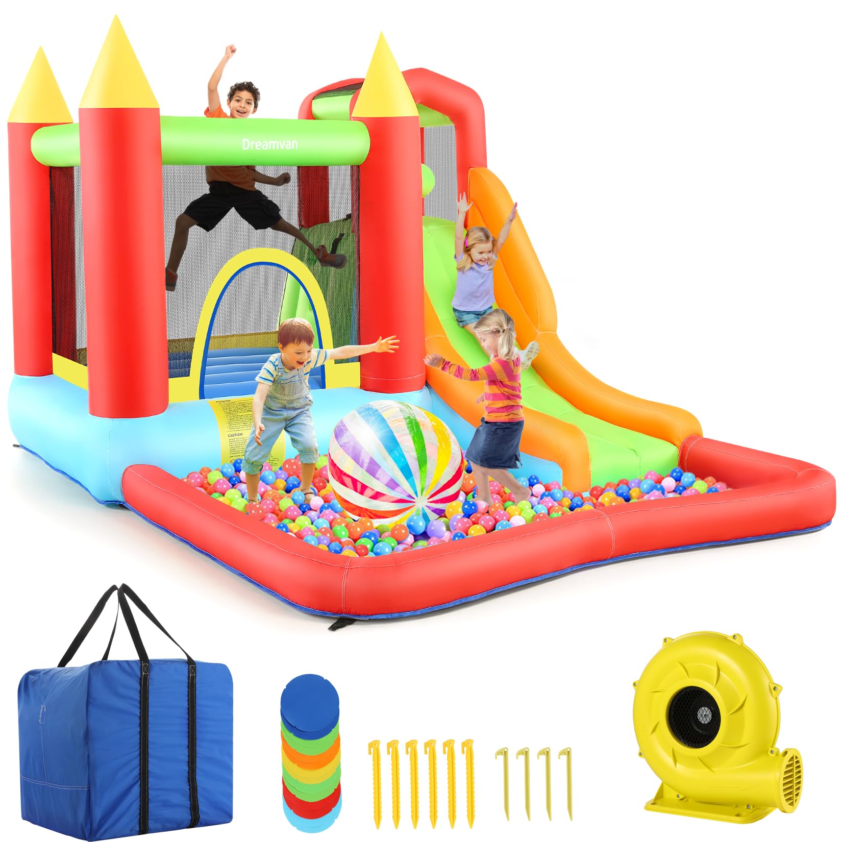 Bounce House for Kids, Inflatable Bouncer House with Air Blower, Bouncy Castle with Slide, Pool, Climbing Wall, Bouncing Area, Ball Pit, Basketball