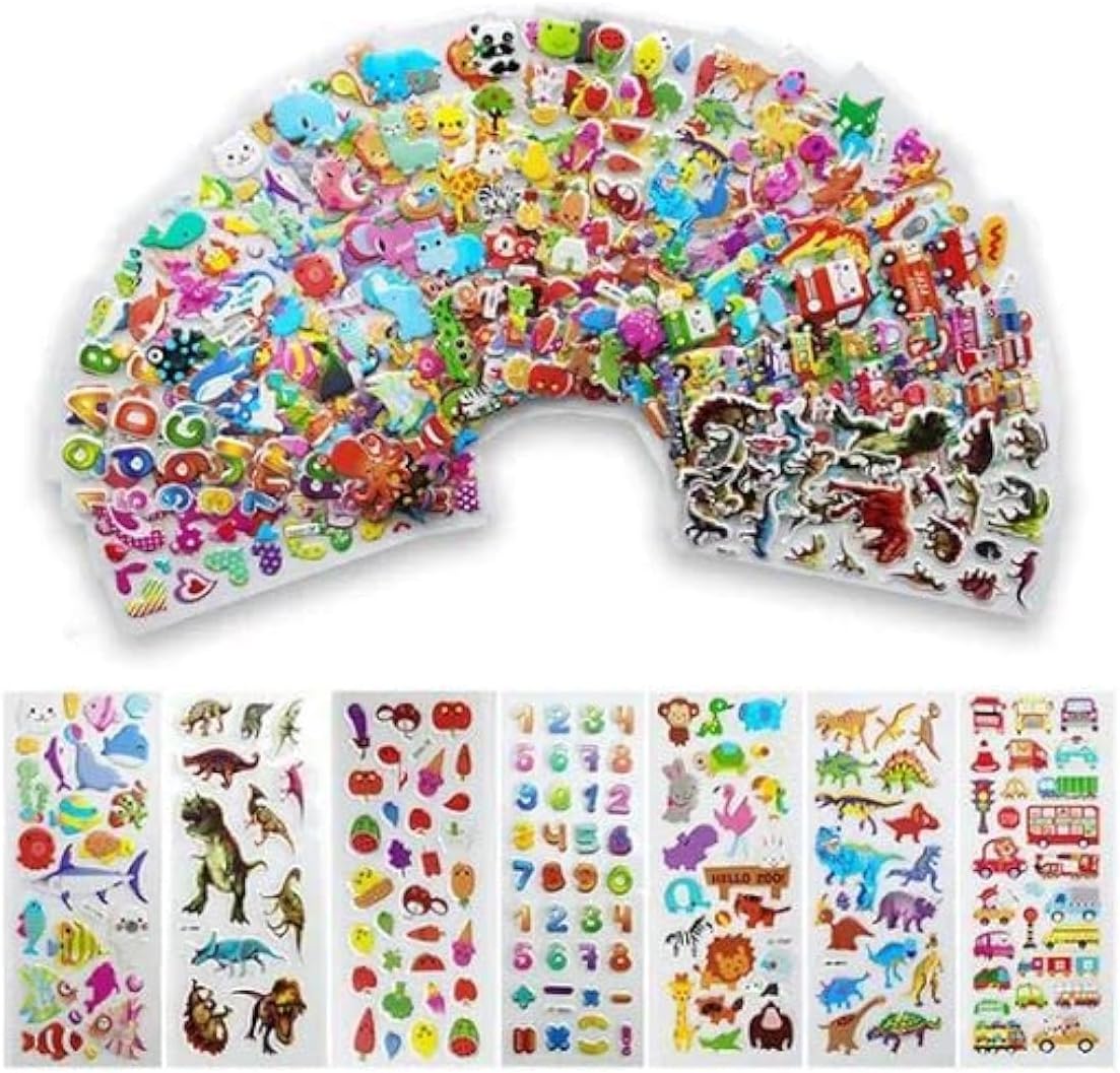 Assorted Kids Stickers Pack - Animals, Numbers, Fruits, Fish, Dinosaurs, Cars - Puffy, Waterproof, and Removable - Scrapbooking, Crafts, and Decorating - Fun and Colorful Designs for Boys and Girls
