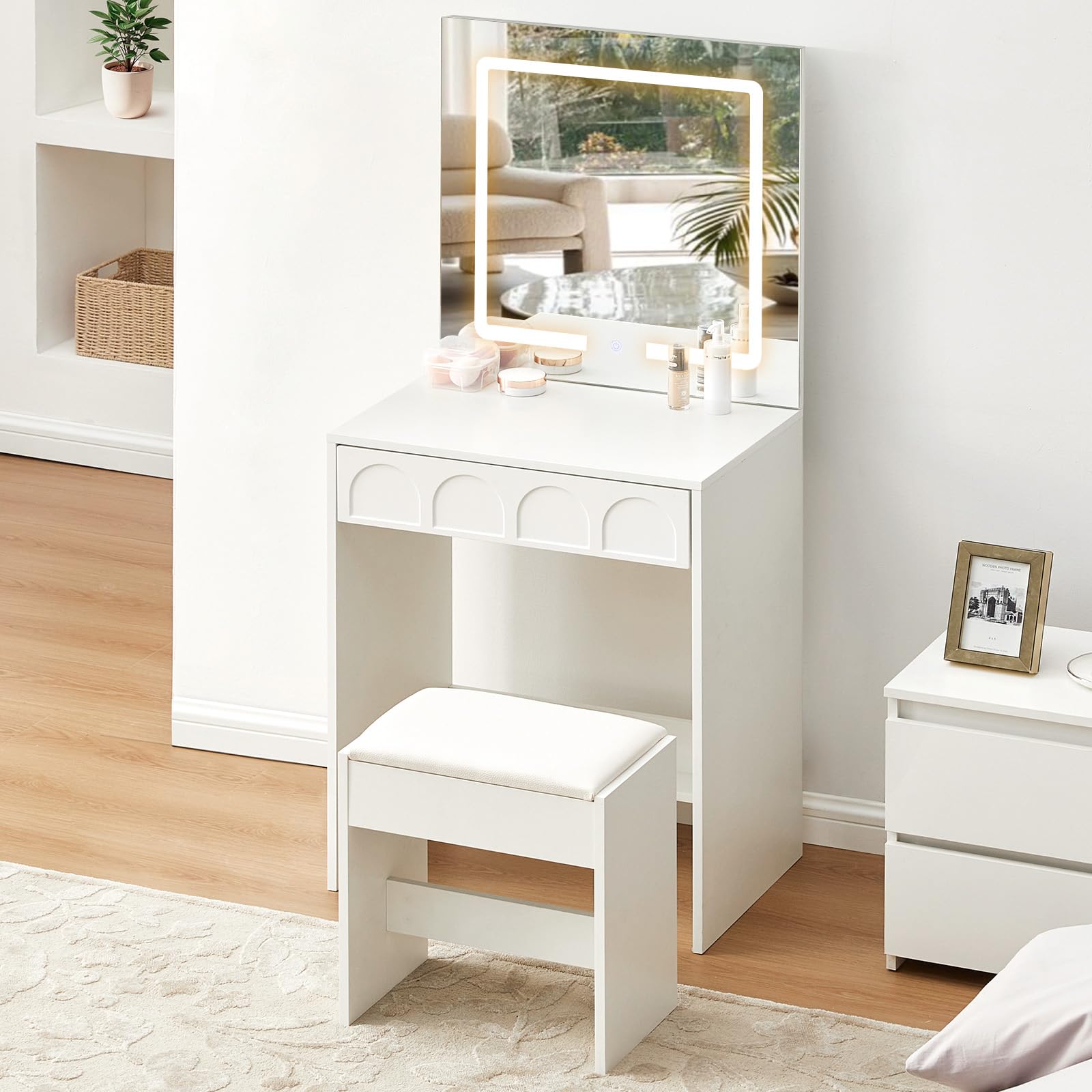 LEMROE Tocador Moderno con Espejo LED Táctil 3 Luces, Mesa de Maquillaje Compacto con Cajón y Taburete, para Espacios Pequeños, Blanco (Blanco)