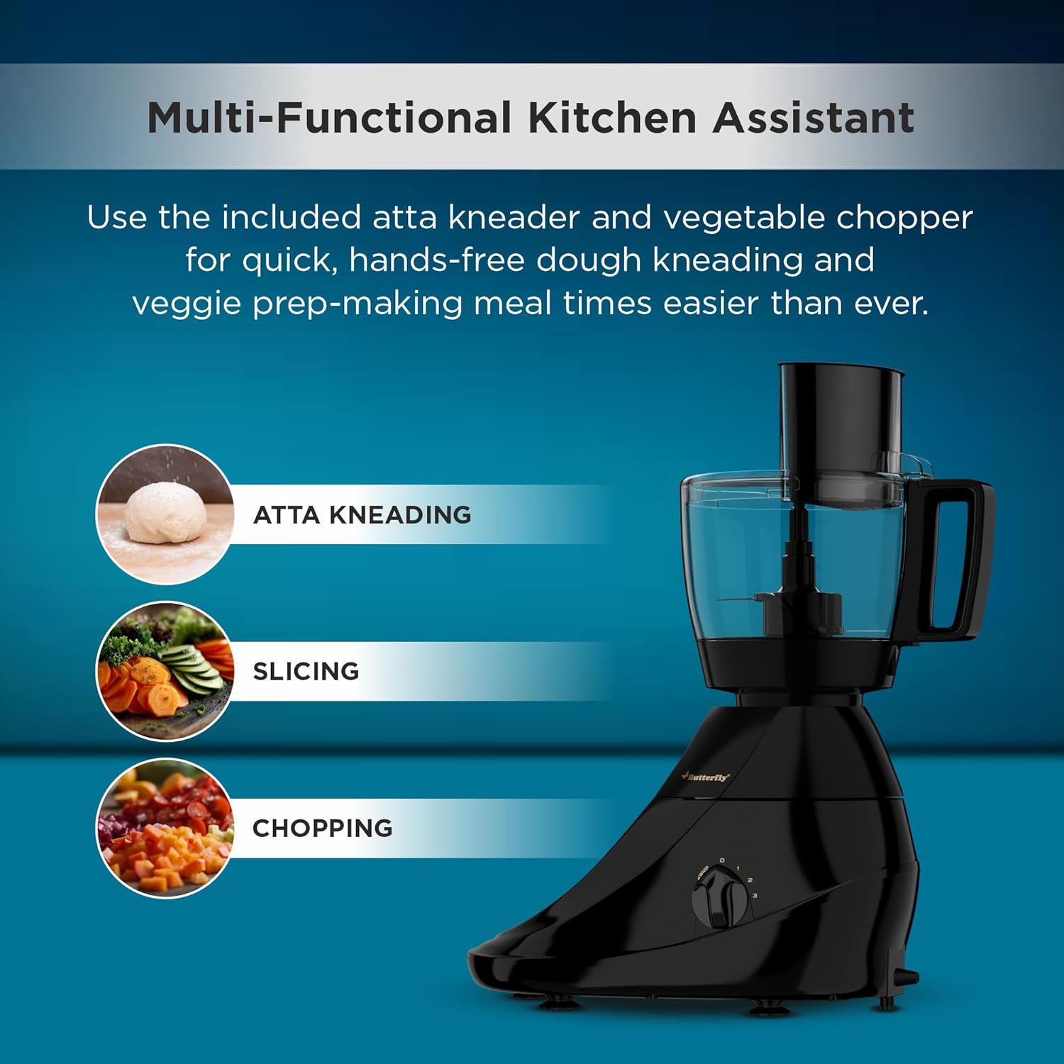 Food processor demonstrating atta kneading, slicing, and chopping functions