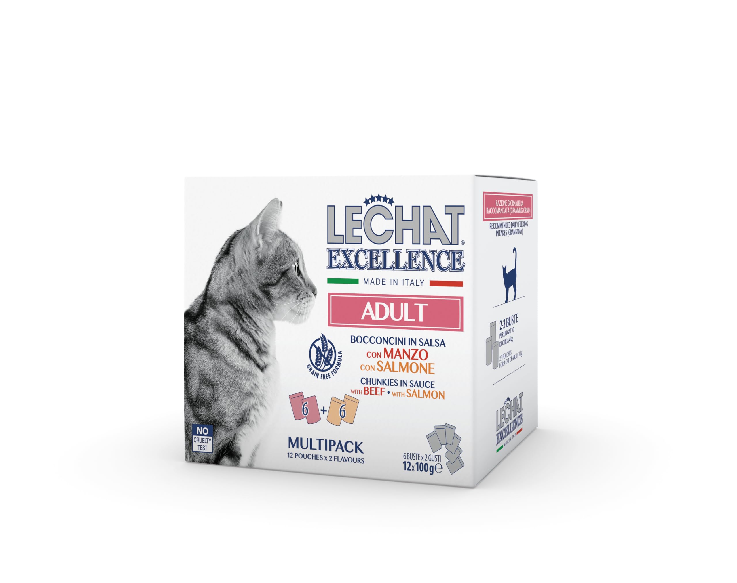 – LeChat Excellence by Monge | Adult Wet Cat Food | with Tasty Chunkies Varity Beef and Salmon | Supports Hydration & Palatability | Multipack 12×100 g Pouches | Made in Italy