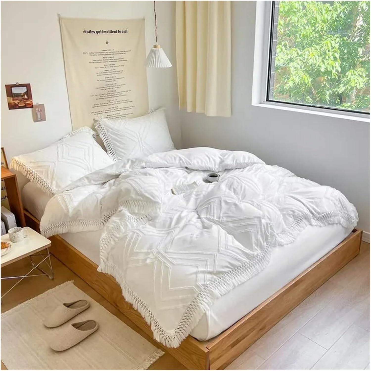 Solid Color White Grey Farmhouse Cotton Bedding Set Tassel Fringe Duvet Cover Twin Queen King Bed Sheet Pillowcases,Bed