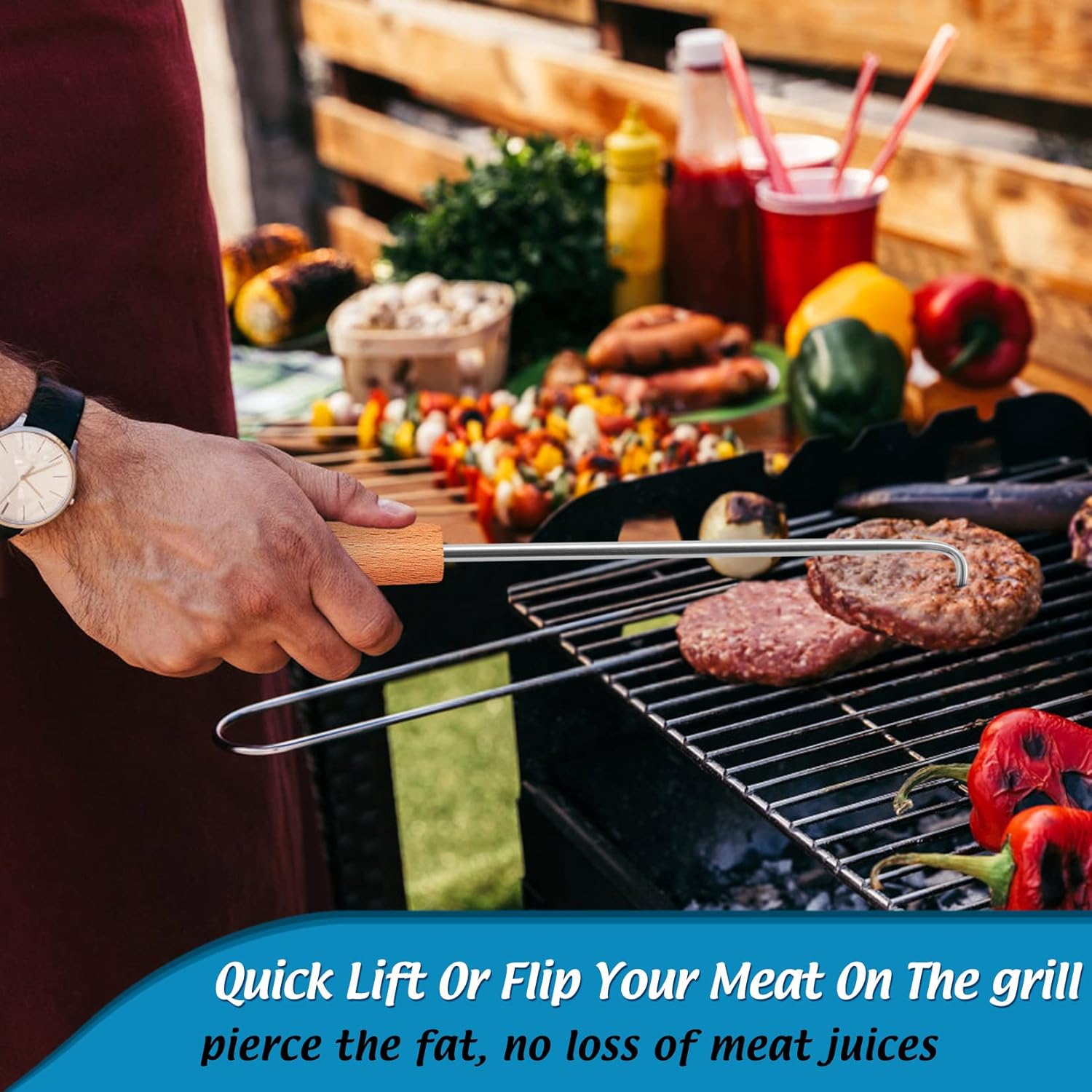 Joyfair Portable Charcoal Grill with Thermometer & Pigtail Food Flipper Set of 2, Small Tabletop Barbecue Grill for Outdoor Camping, Stainless Steel Meat Hook & Turner Grill Tools for Kitchen Frying