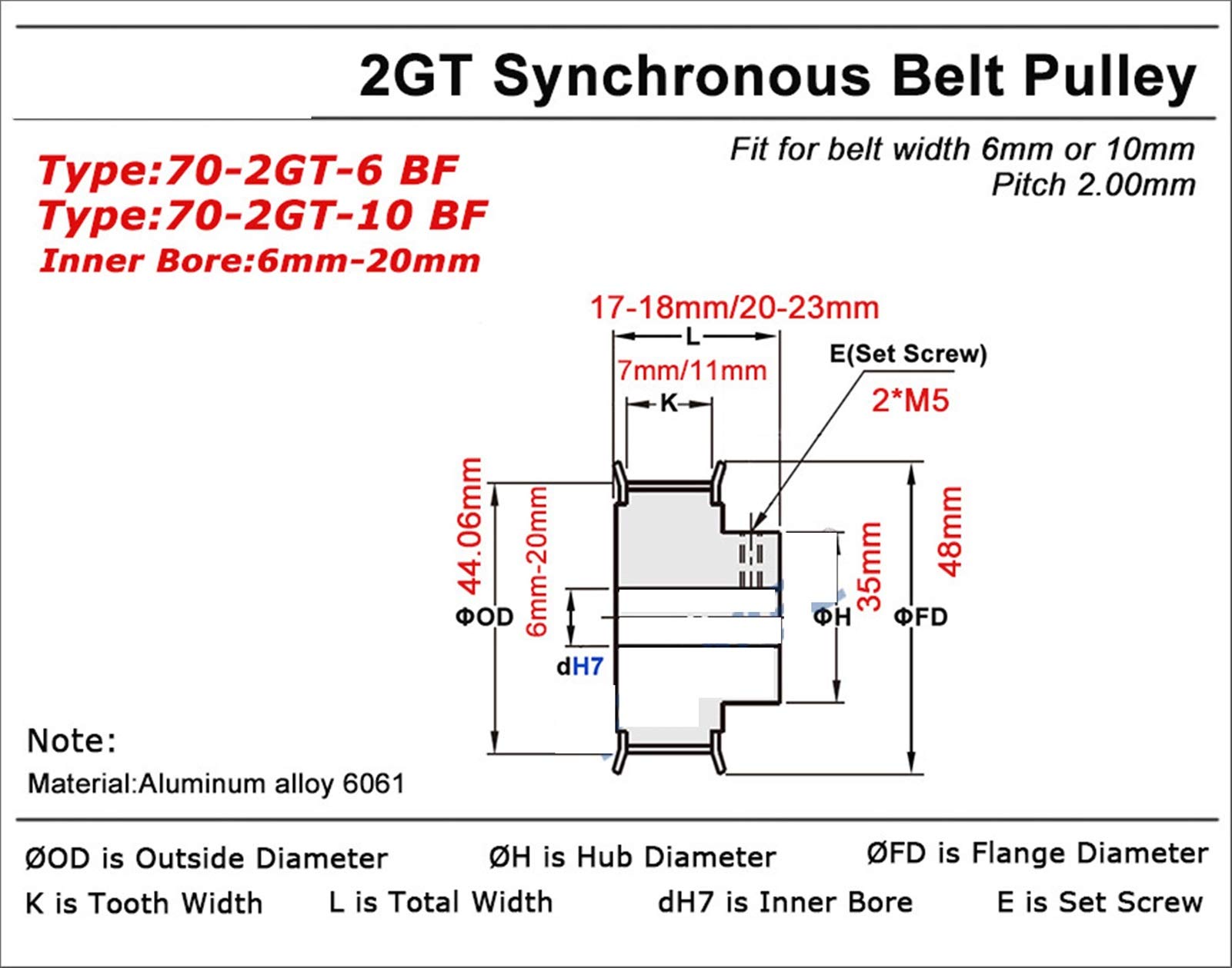 JONOLA 1Pc 52 Teeth 2GT Timing Pulley BF Type Bore 8/10/12/12.7/14/15mm