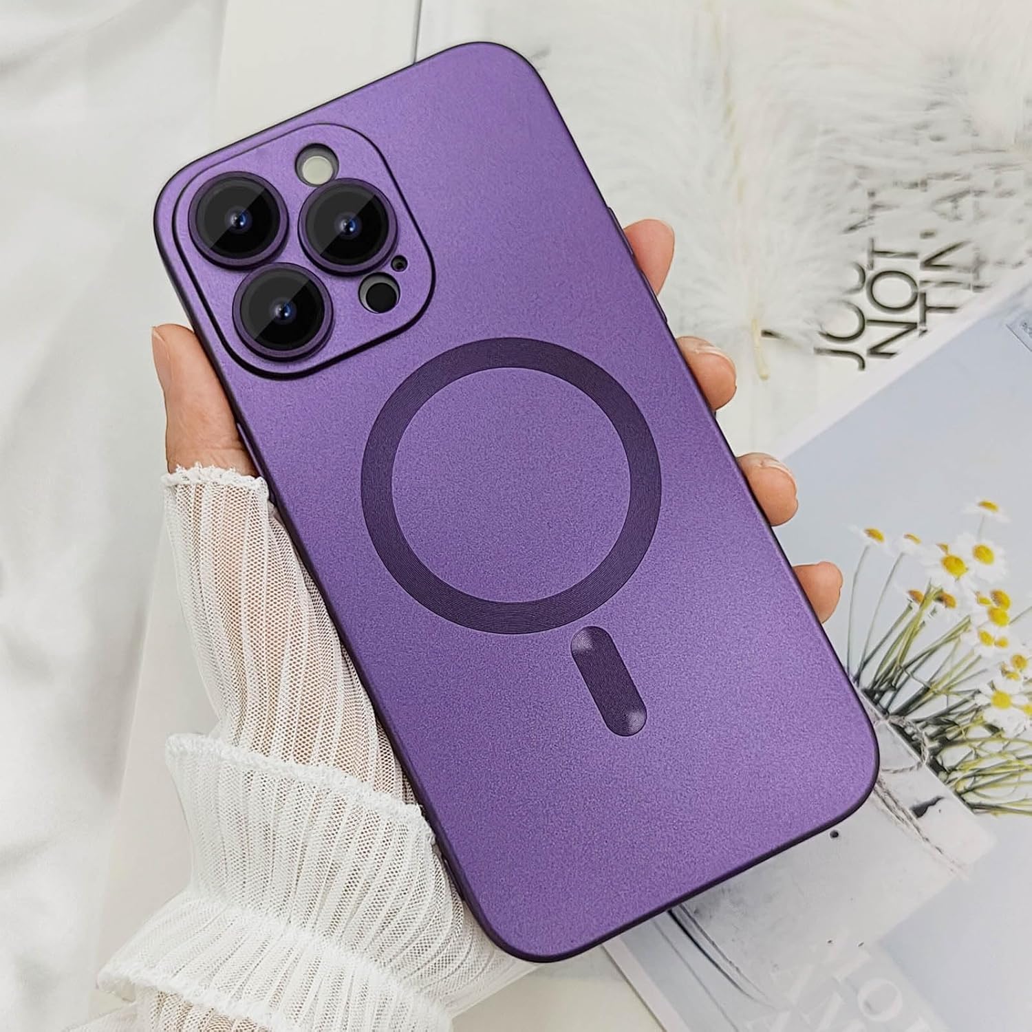 Magnetic for iPhone 15 Pro Max Phone Case for Women, Matte Luxury Soft Metallic Luster Design with Camera Lens Protector, Compatible with Magsafe Case for iPhone 15 Pro Max 6.7"-Purple - Image 4