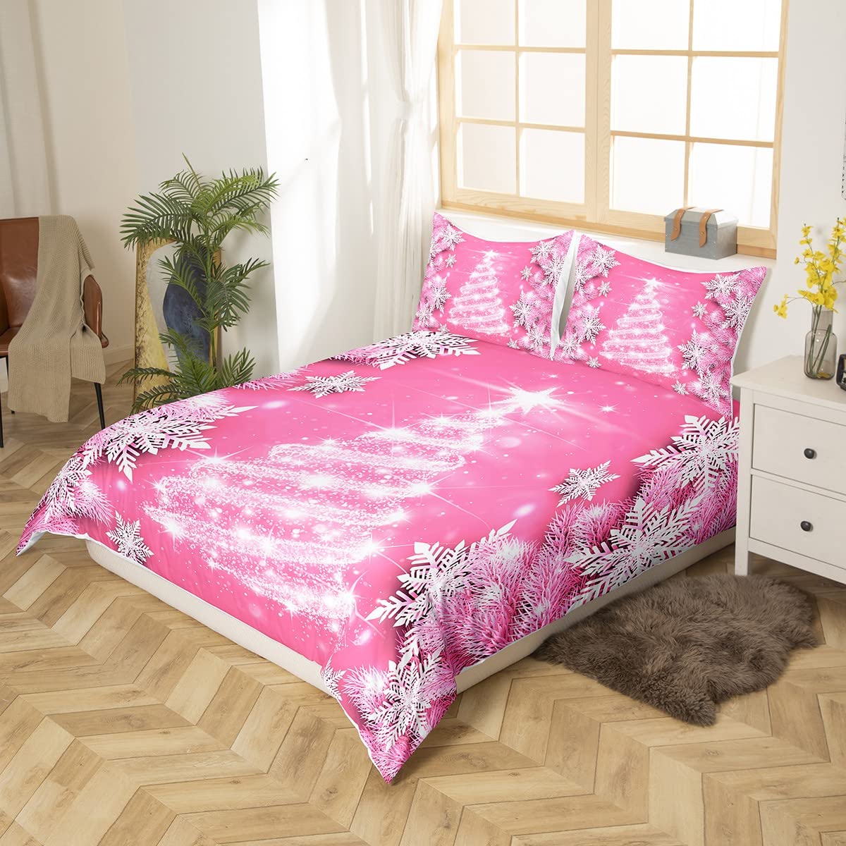 Christmas Tree Bedding Duvet Cover Set Girls Pink Xmas Snowflake Bedding Set Women Kids Glitter Merry Christmas Decor Comforter Cover Set Microfiber Bedspread Cover Bedroom Bedclothes King Size - Image 2