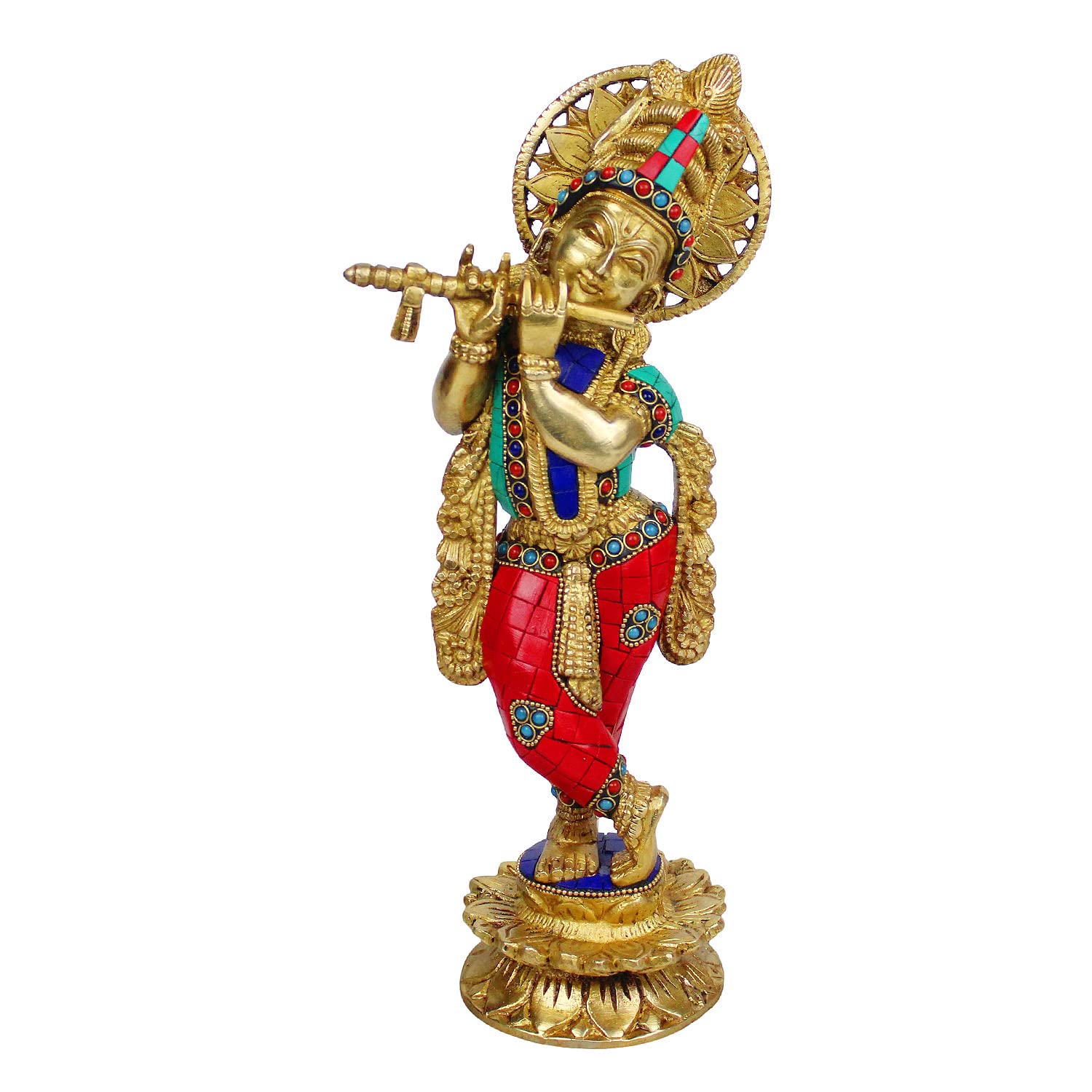 Artvarko™ Messing Krishna met koe Murti idool in fluit spelende houding