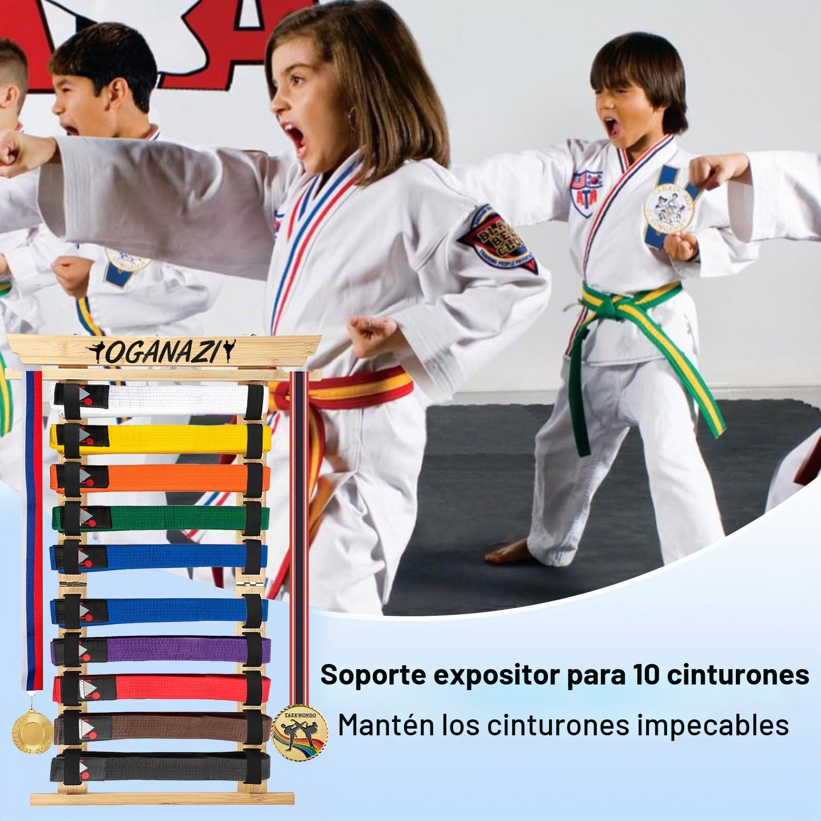 SUMNACON Soporte para cinturón de artes marciales, incluye 10 cinturones de bambú para taekwondo, soporte de pared para judo, karate y ninjitsu