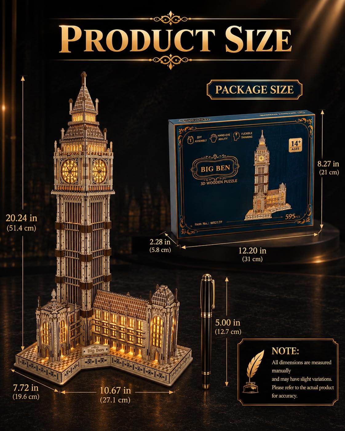 3D Holzpuzzle für Erwachsene, Big Ben Architekturmodell mit LED | Detailreiches Wahrzeichen Londons, warme LED-Beleuchtung, 595 Bauteile, dekoratives Holzmodell, Geschenkidee