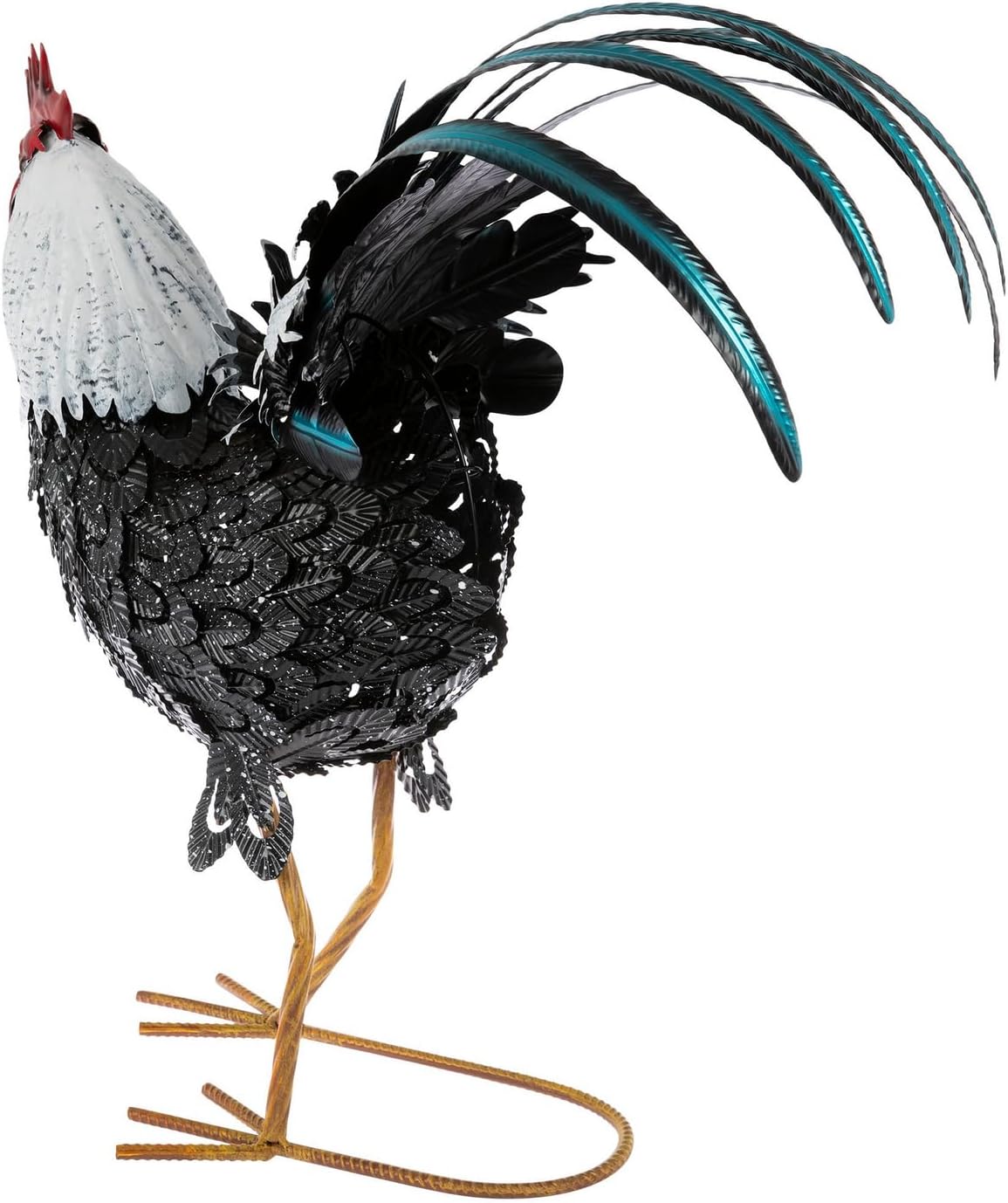 Hobby Lobby Metal Hen, Black and White Speckled Body with Red Comb and Blue Tail Feathers, 23.25" Tall, Garden