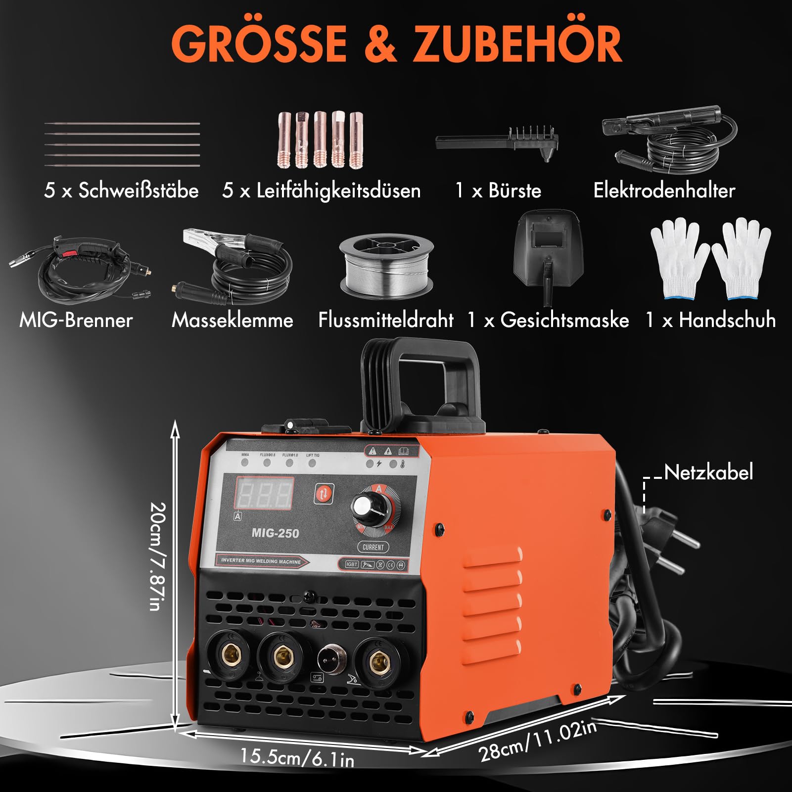 3-In-1 Fülldraht Schweißgerät MIG Schweißgerät mit ARC/Flux MIG/MMA Lift WIG, Fülldrahtschweißen 0,8 mm&1 mm, mit Synergischem Drahtvorschub, IGBT Inverter Schweissgerät LED-Anzeige