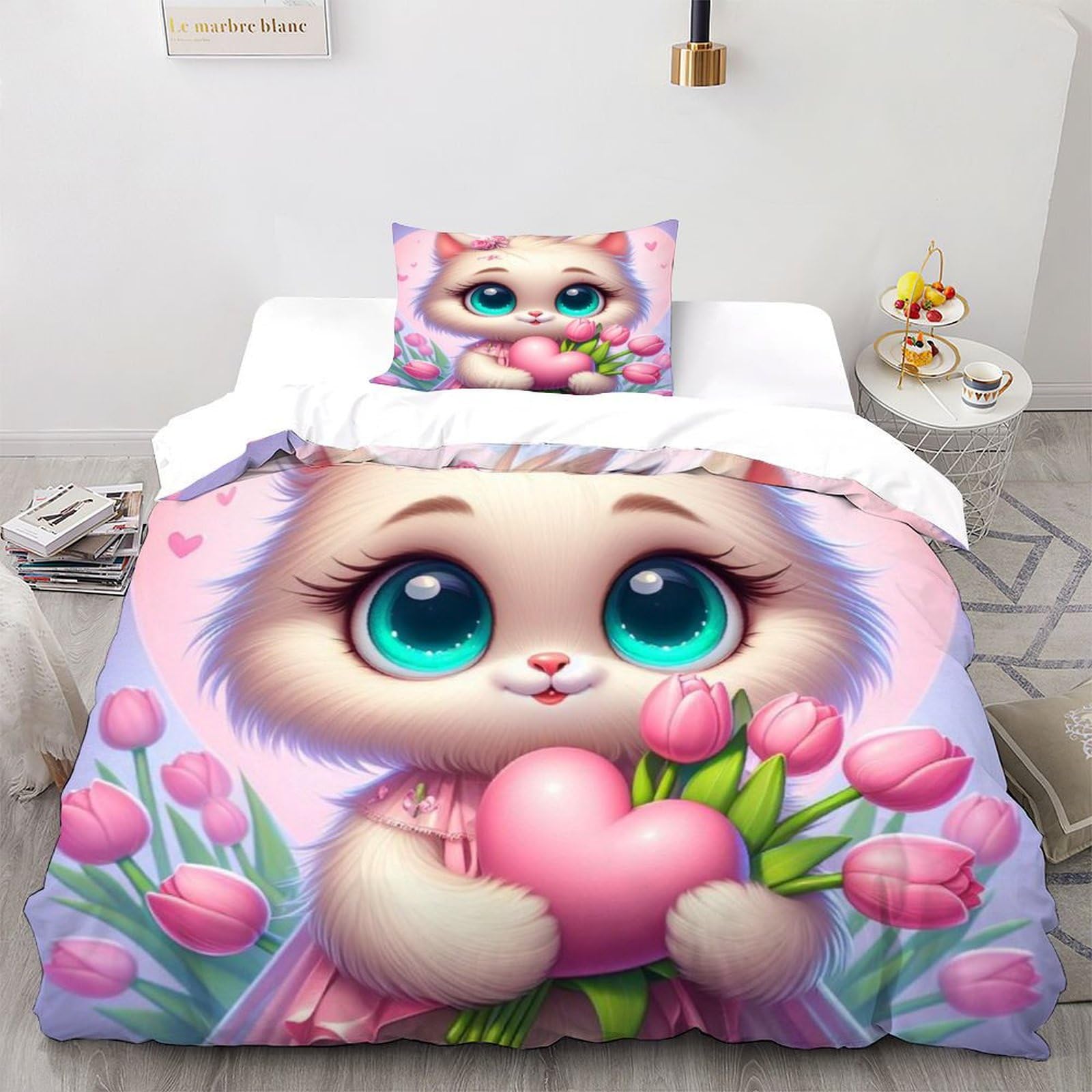 Housse de couette chat anti-plis microfibre parure lit 1 personne