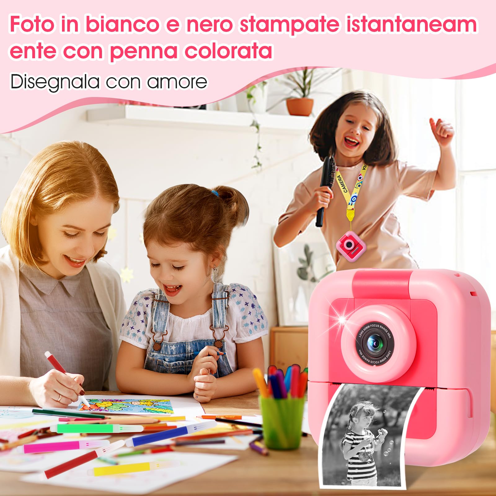 Macchina Fotografica Bambini Istantanea, ZUEOKAI 2,4" Fotocamera Istantanea Bambini con 180° Flip Obiettivo e 3 Stampa Carta, Fotocamera bambini con 32GB, Regalo Bambina Bambino 3 4 5 6 7 8 9 10 anni