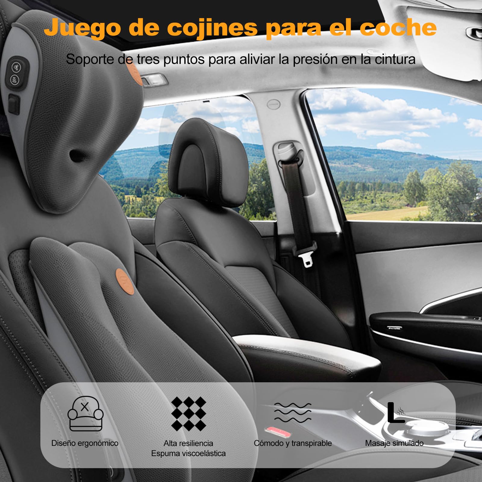 Ergocar Cojin Lumbar y Almohada de Cuello para Silla de Oficina/Coche/Juego, Blando Espuma de Memoria Alivio del Dolor de Espalda, Almohada Cuello & Lumbar Eléctrica,Grey-Masaje