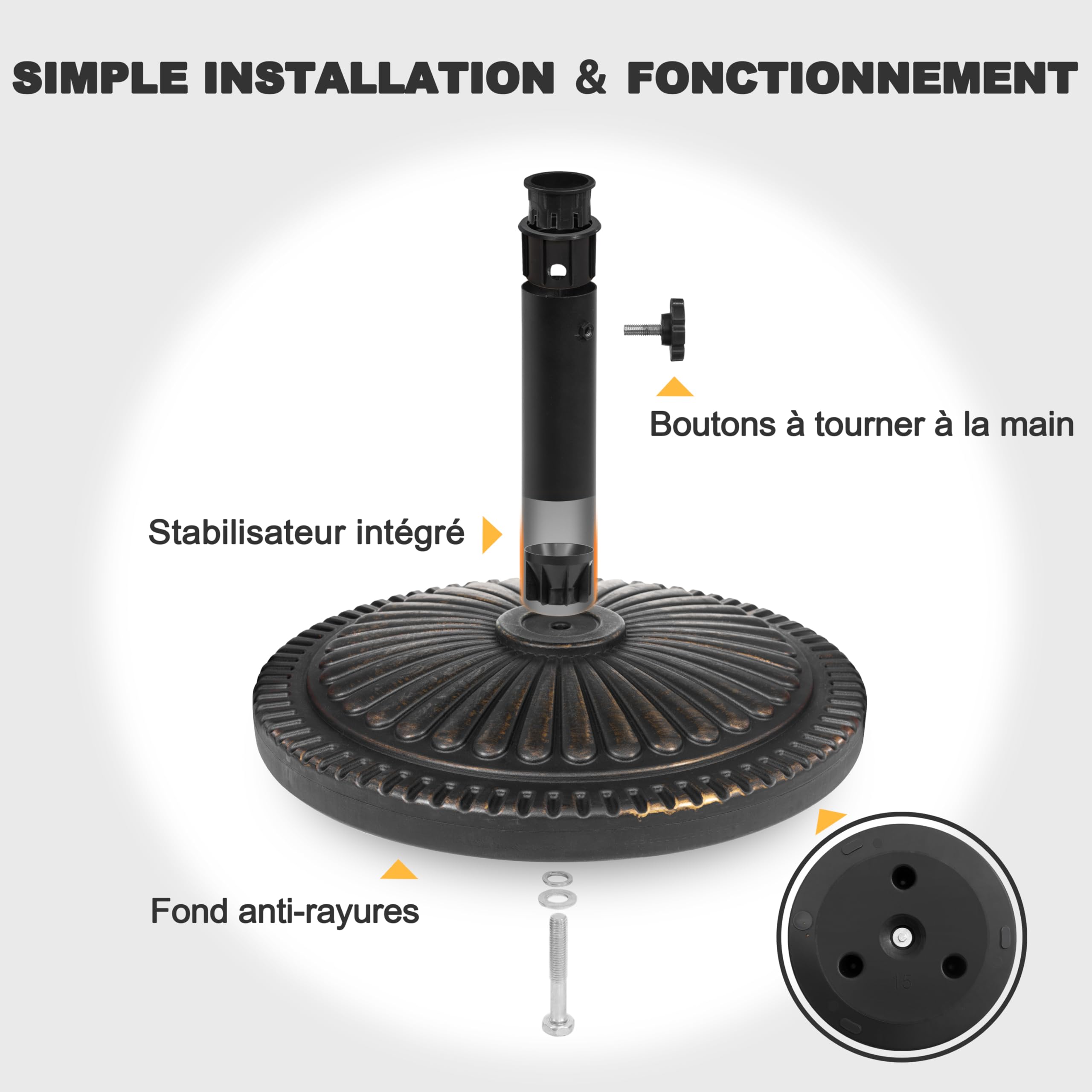 Avestar 15 kg Pied de Parasol Rond pour l'Extérieur, Socle Lesté avec Bouton Rotatif pour Mâts de Parasol Ø38-48 mm, Adapté pour Le Jardin, la Terrasse, Noir avec Bord Doré