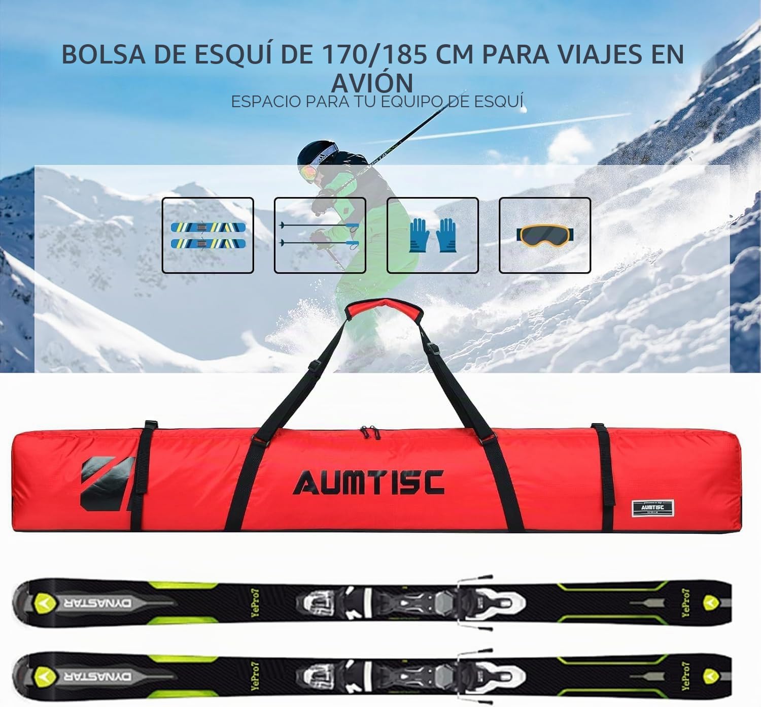 AUMTISC Bolsas para Kit de esquí Bolsa de Deportes de Invierno de Viaje Individual Acolchada para Transportar esquís Bolsillo para Equipo con asa Ajustable 170 185 cm