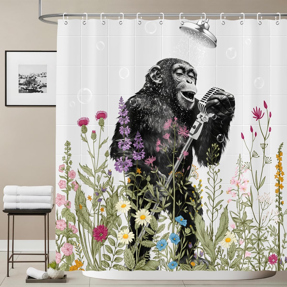 Funny Gorilla Shower Curtain Black White Monkey Animal Chimpanzee Singing in Bathtub Wildflower Floral Plant Leaves Men Kids Boy Bathroom Decor Waterproof Polyester Fabric 72Lx72W Inch