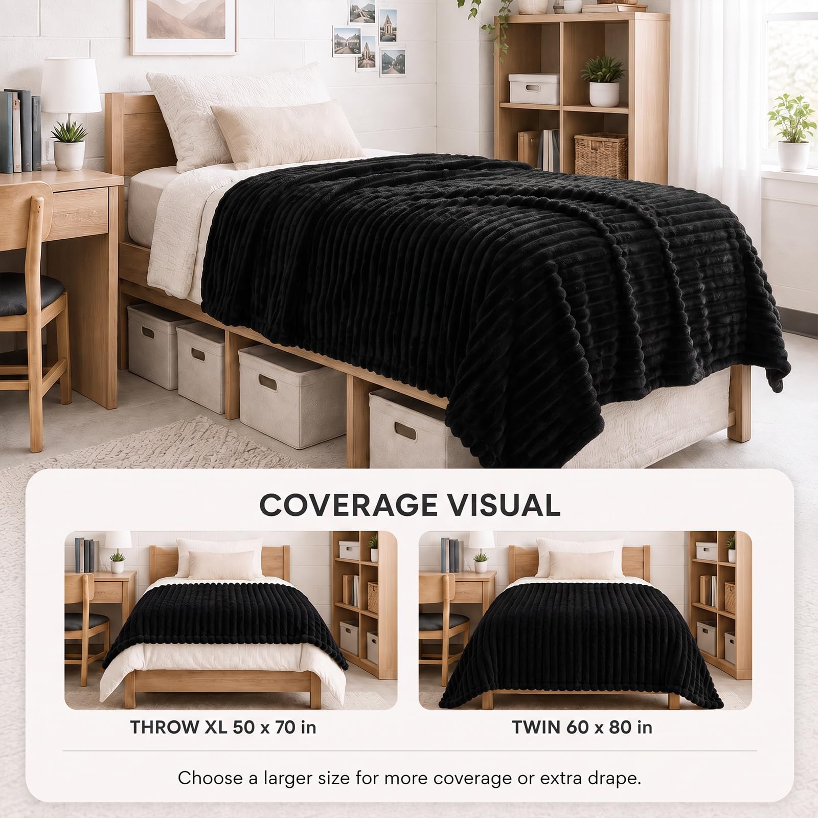 HIMEET Black Twin Blanket for Bed, 300GSM Ribbed Fleece, 60 x 80 Inches view 3
