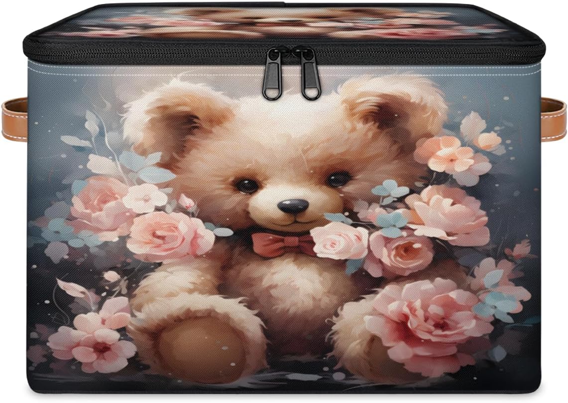Storage Bin Set of 2 Valentine's Day Bear Storage Basket with Zipper Lid & Handle Foldable Closet Shelf 2 Pack Cloth Organizer Basket Cube Bins Clothes Organizer for Bedroom, Nursery