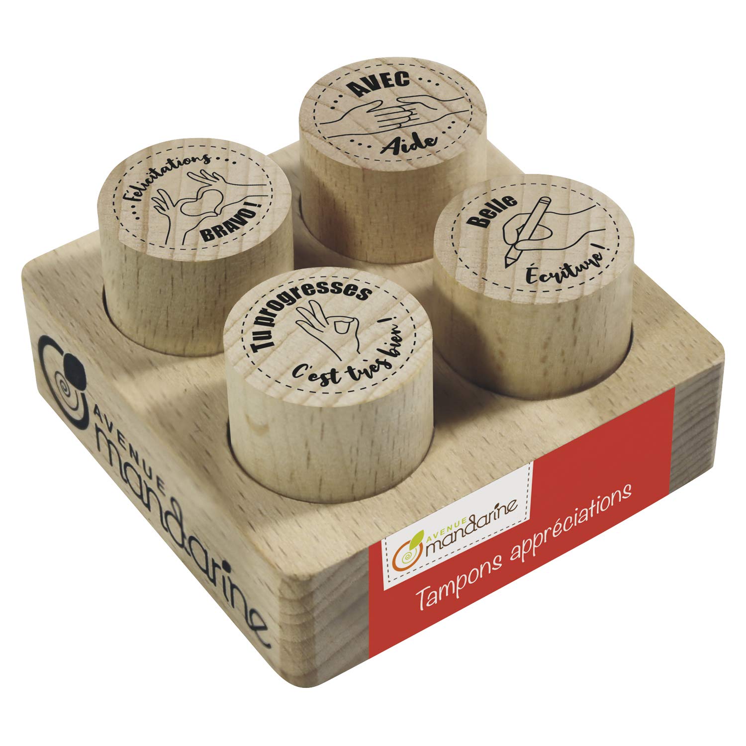 Avenue Mandarine CO213C - Un lot de 4 tampons appréciations (''' Félicitations'', ''Avec aide'', ''Tu progresses'' et ''Belle écriture''), Textes 2