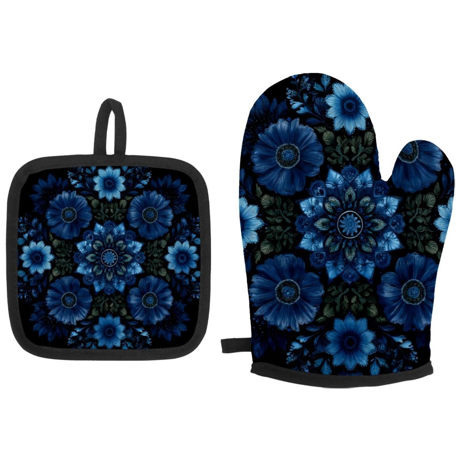 Maniques et maniques à motif mandala floral bleu foncé pour la cuisine