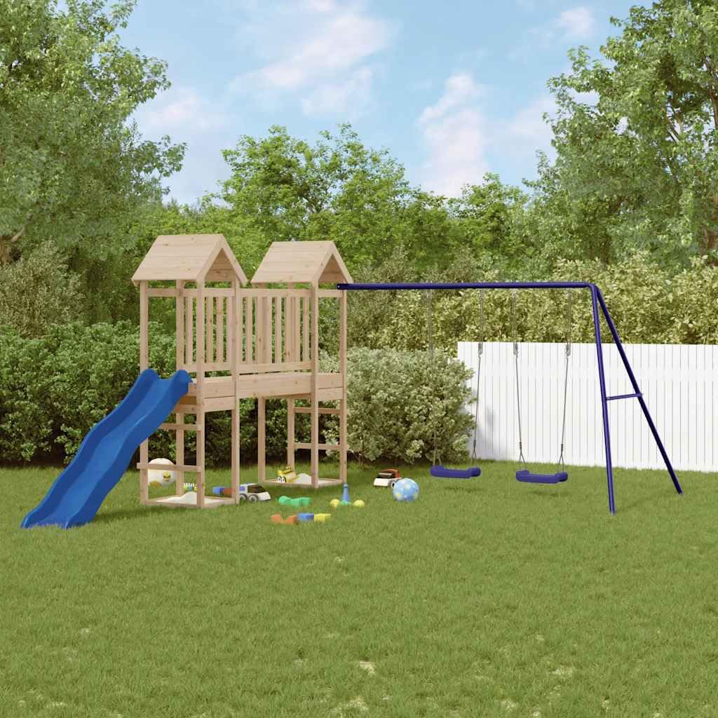 Wieża do zabawy z litego drewna sosnowego z mostkiem, zjeżdżalnią, podwójną huśtawką i piaskownicą, do ogrodu i na podwórko, platforma 90 cm, dla dzieci w wieku od 3 do 8 lat na zewnątrz