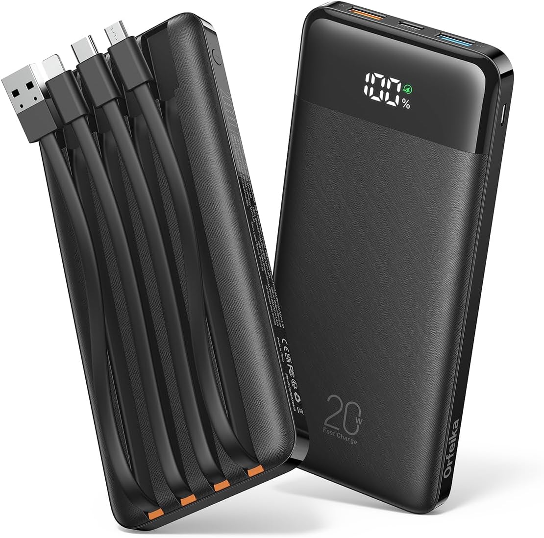 Orfeika Power Bank de 20000 mAh, cargador portátil con 4 cables incorporados | Carga rápida USB C PD de 20 W, 6 salidas, pantalla LED,seguro de vuelo, paquete de baterías Travel Essentials para iPhone, Galaxy, iPad y más