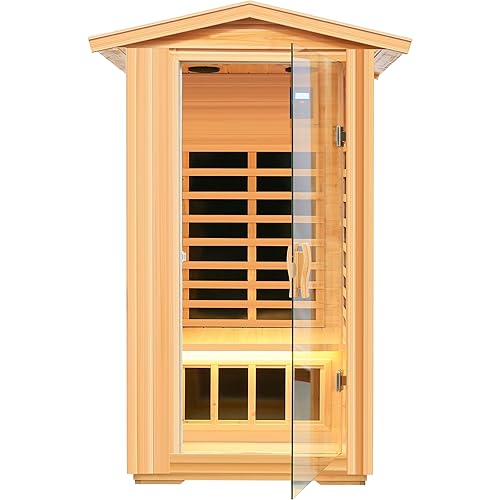 LTCCDSS 1-Person Low EMF Outdoor Far Infrared Sauna - Wisconsin Basswood Saunas for Home - Bluetooth Speakers, LED Reading Lamps, Chromotherapy Lights (45.7 * 39.4 * 79.5 inch)
