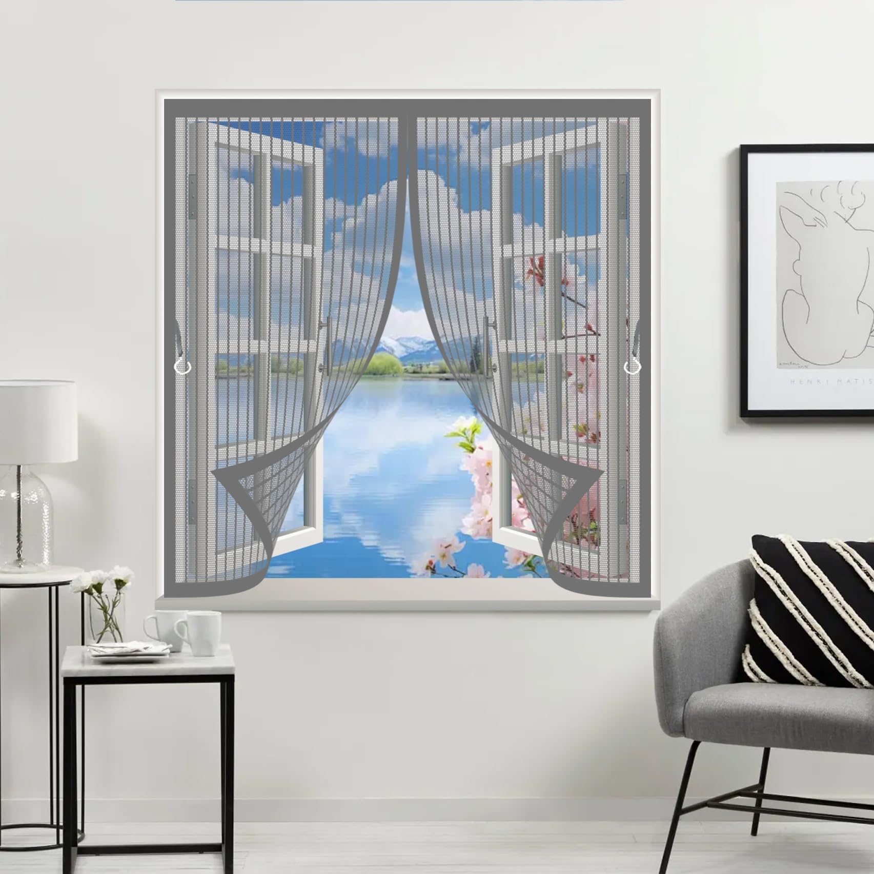 Zasłona Magnetyczna 112 x 126 cm Z Silnymi Magnesami I Taśmą Magiczna, Chroni Przed Owadami I Zapewnia Dopływ Świeżego Powietrza Siatki Na Tarasy Do Wszystkich Typów Okien, Szary