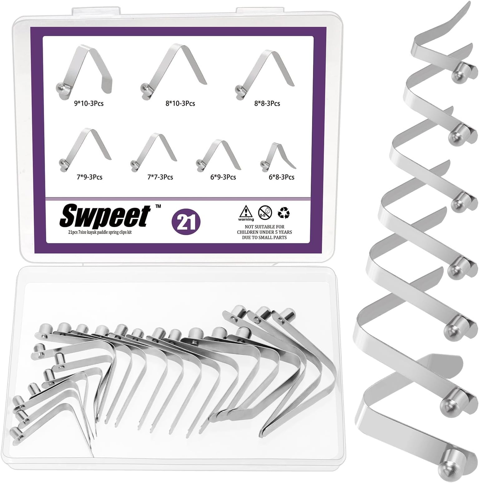 Swpeet 21Pcs 7Sizes Stainless Steel V-Shaped Push Button Spring Clips Assortment Kit, Single Pin Kayak Paddle Snap Spring Clips, Silver Lock Tube Pole Clips for Tent, Umbrella, Camping
