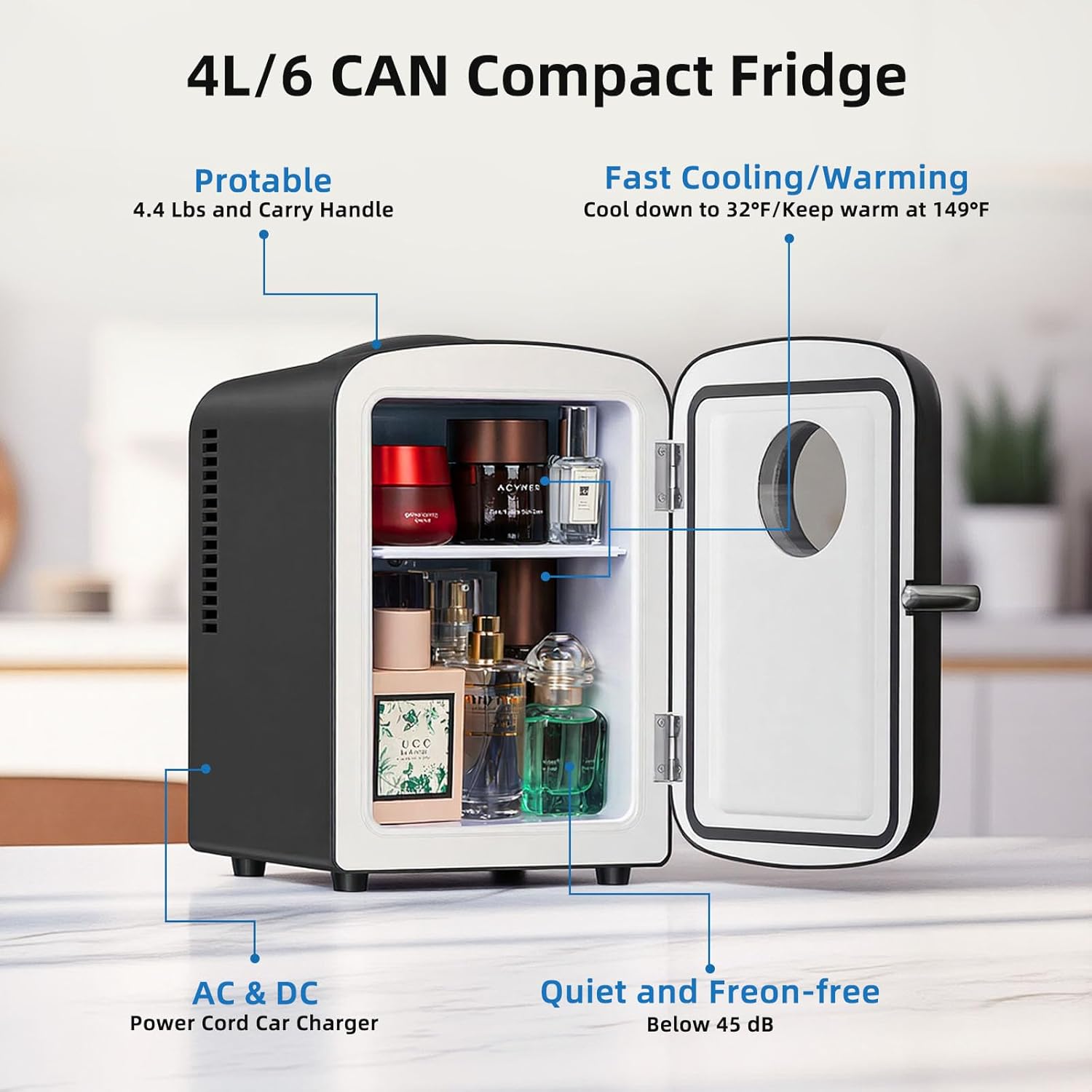 Antarctic Star Compact Mini Fridge, 4L Capacity/6 Cans Portable Cooler and Warmer Compact Refrigerator, for Bedroom,Car,Office and Dorm, Small Cooler and Warmer for Cosmetics, Beverage and Food, Black