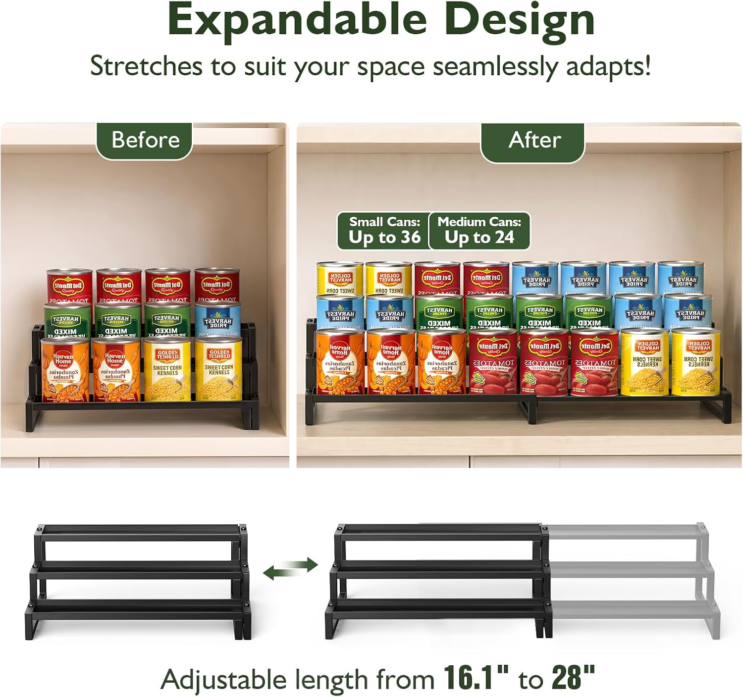 Expandable Can Organizer for Pantry, 3-Tier Adjustable Can Rack