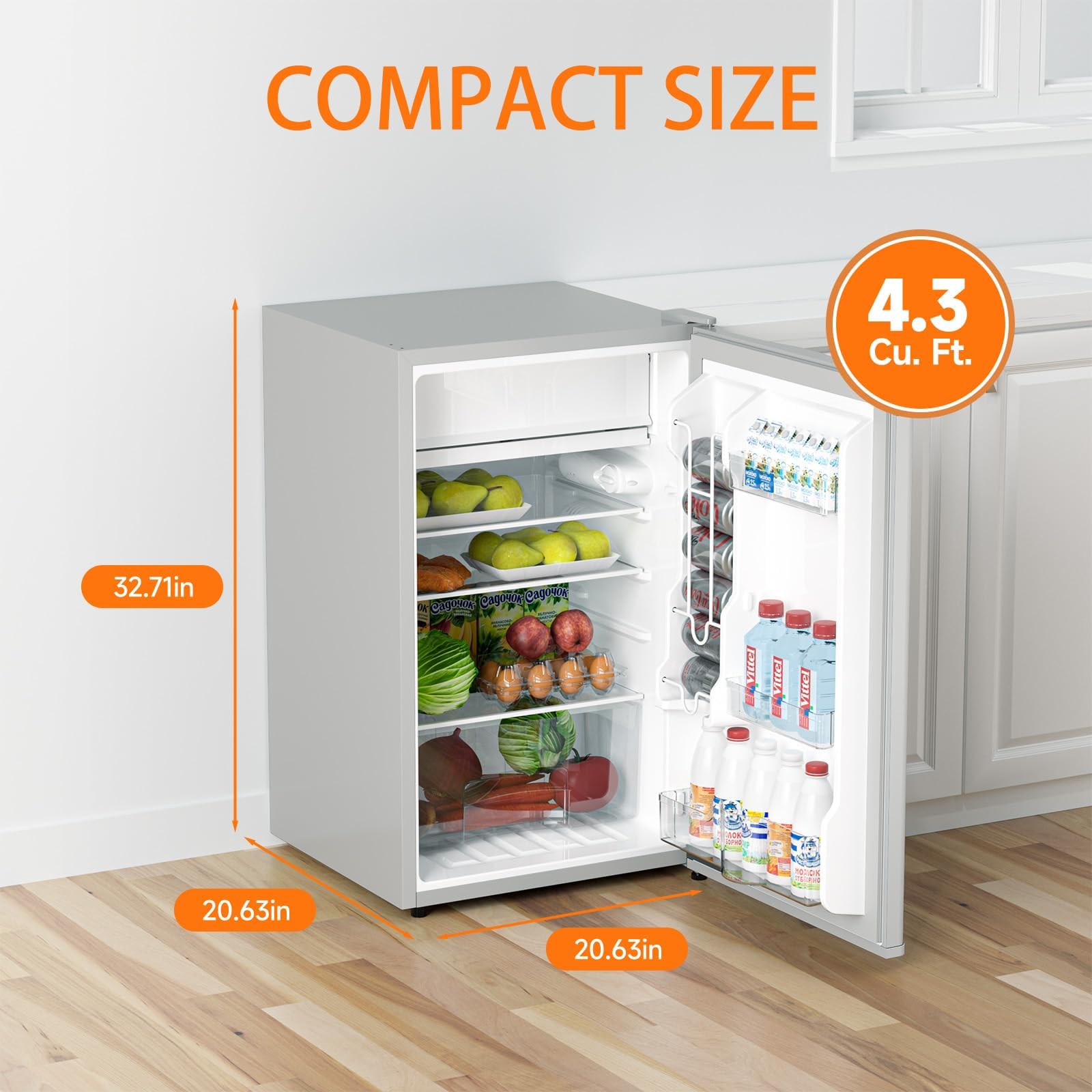 ElfinAura 4.3 Cu.Ft Mini Fridge With Freezer, Single Door Mini Fridge, 7 Adjustable Thermostat, 3 Removeble Shelves,Energy-Efficient Low Noise, Compact Fridge for Bedroom, Office, Dorm,Grey