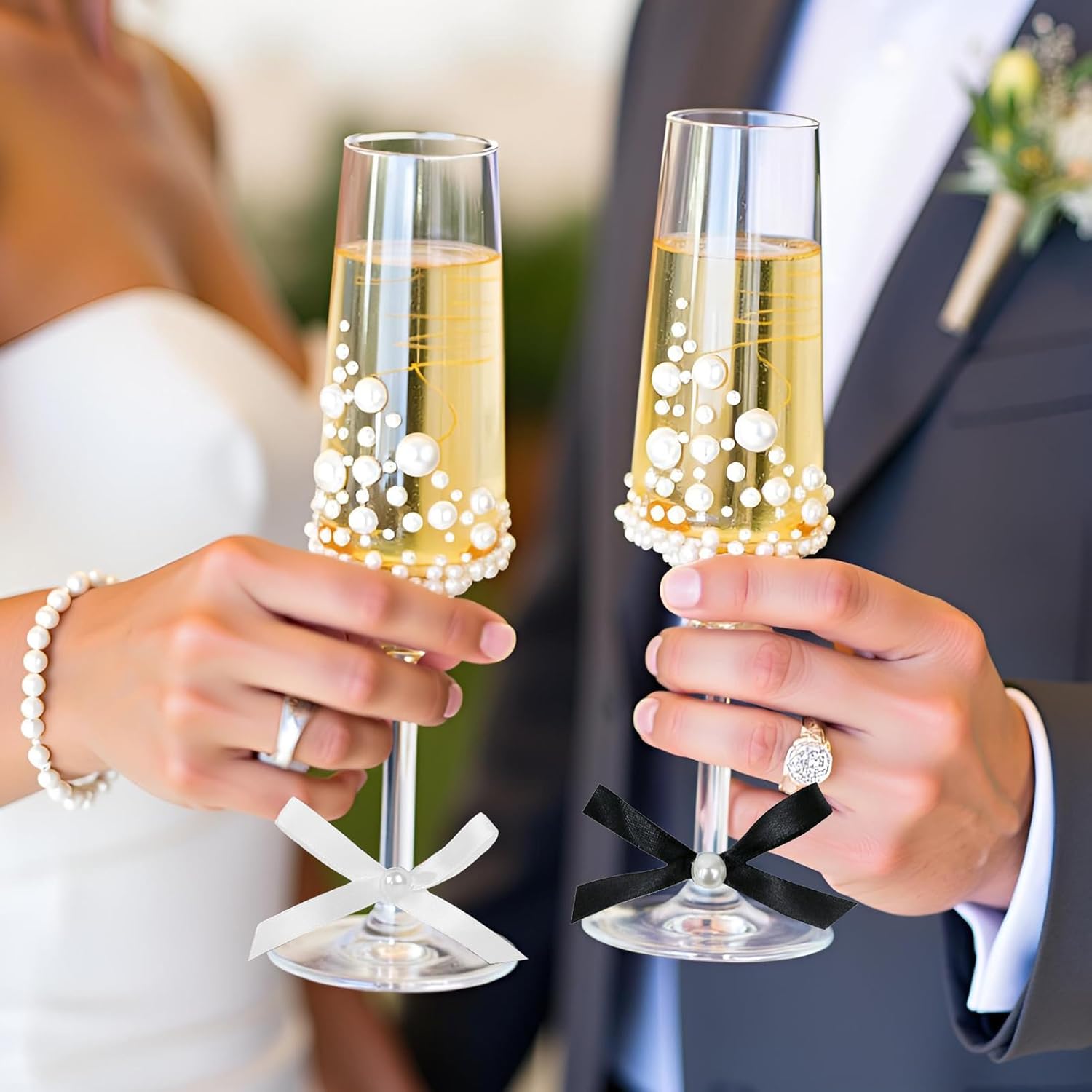 Wedding Toasting Flutes and Cake Server Set of 4 - Champagne Glasses and Knife Server Set, Bride and Groom Wine Glasses and Cake Knives Set Gifts for Bridal Shower Anniversary Engagement Chirstmas - Image 3