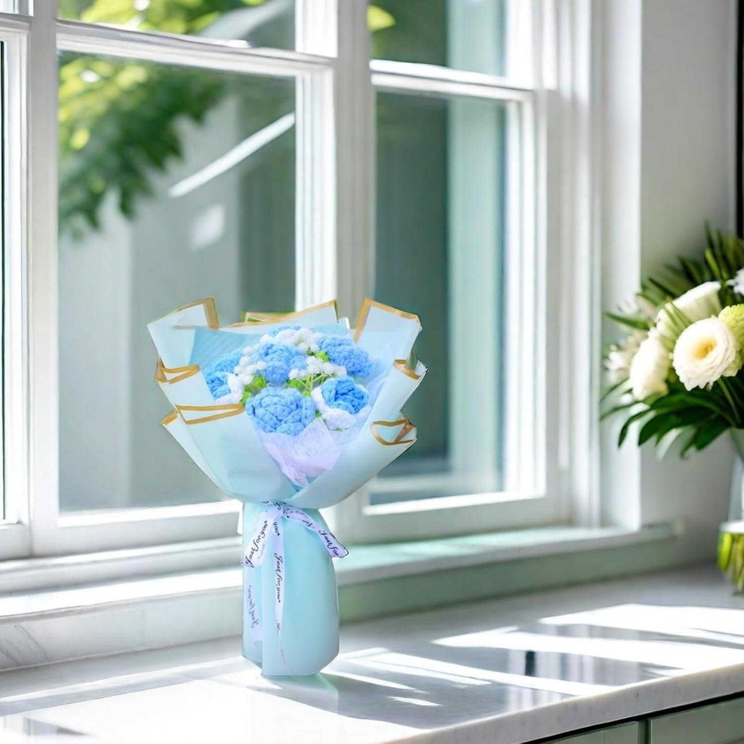 Handmade Blue Crochet Roses Bouquet (7Pcs) Knitted Artificial Flowers Gift for Mom, Mother's Day, Girlfriend, Wife, Birthday, Anniversary, Home Decor