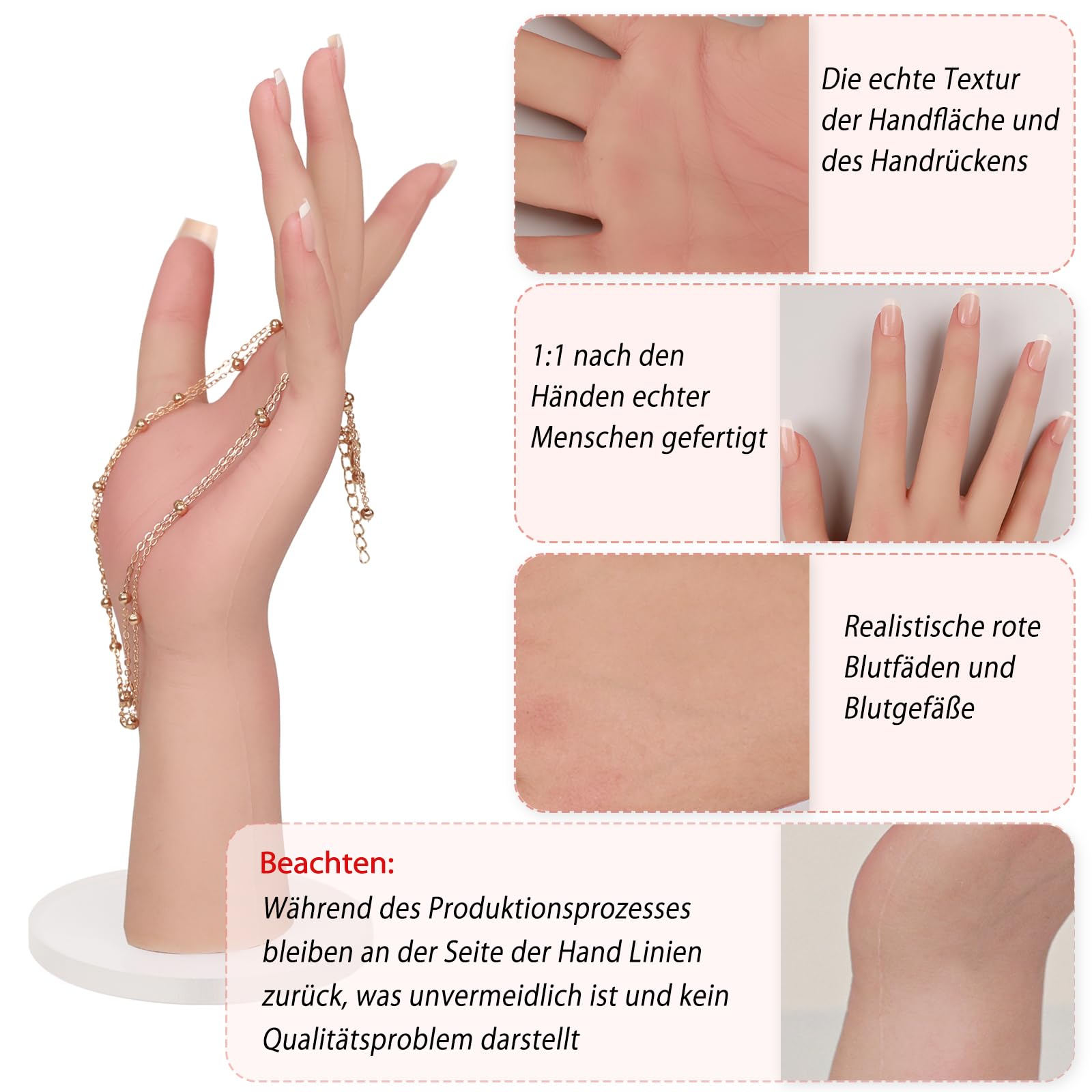 Silikonhand weibliche Modell Hand weibliche Handpuppe Handattrappe | Lebensgroß, zur Präsentation von Schmuck, Halloween-Requisiten für Scherzkekse, Requisiten für Fotoshootings