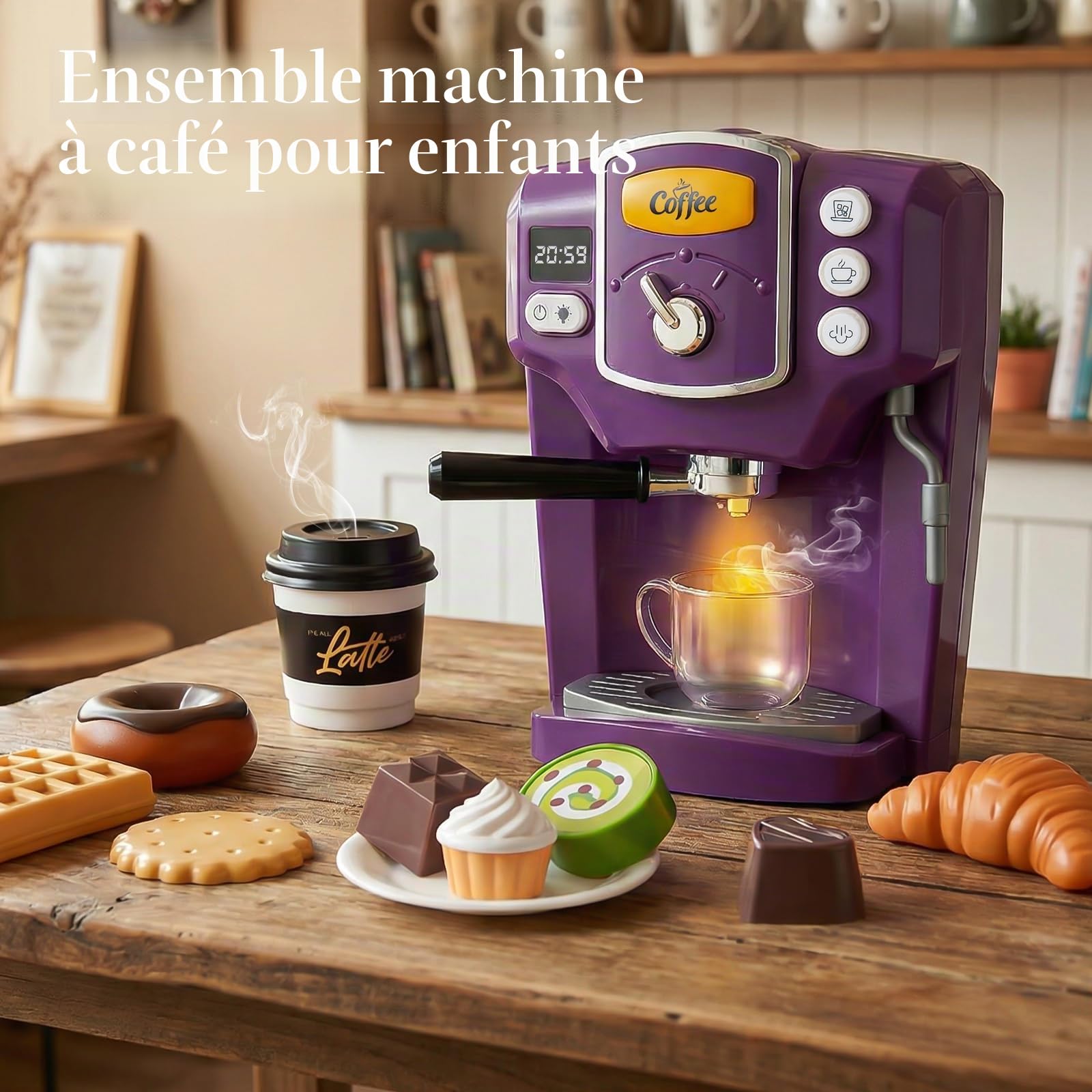 Machine à Café pour Enfants avec Son & Lumière & Fonction Eau & Desserts Imités - Jouet de Jeu de Rôle - Cadeau d'anniversaire pour Filles et Garçons à partir de 3 Ans